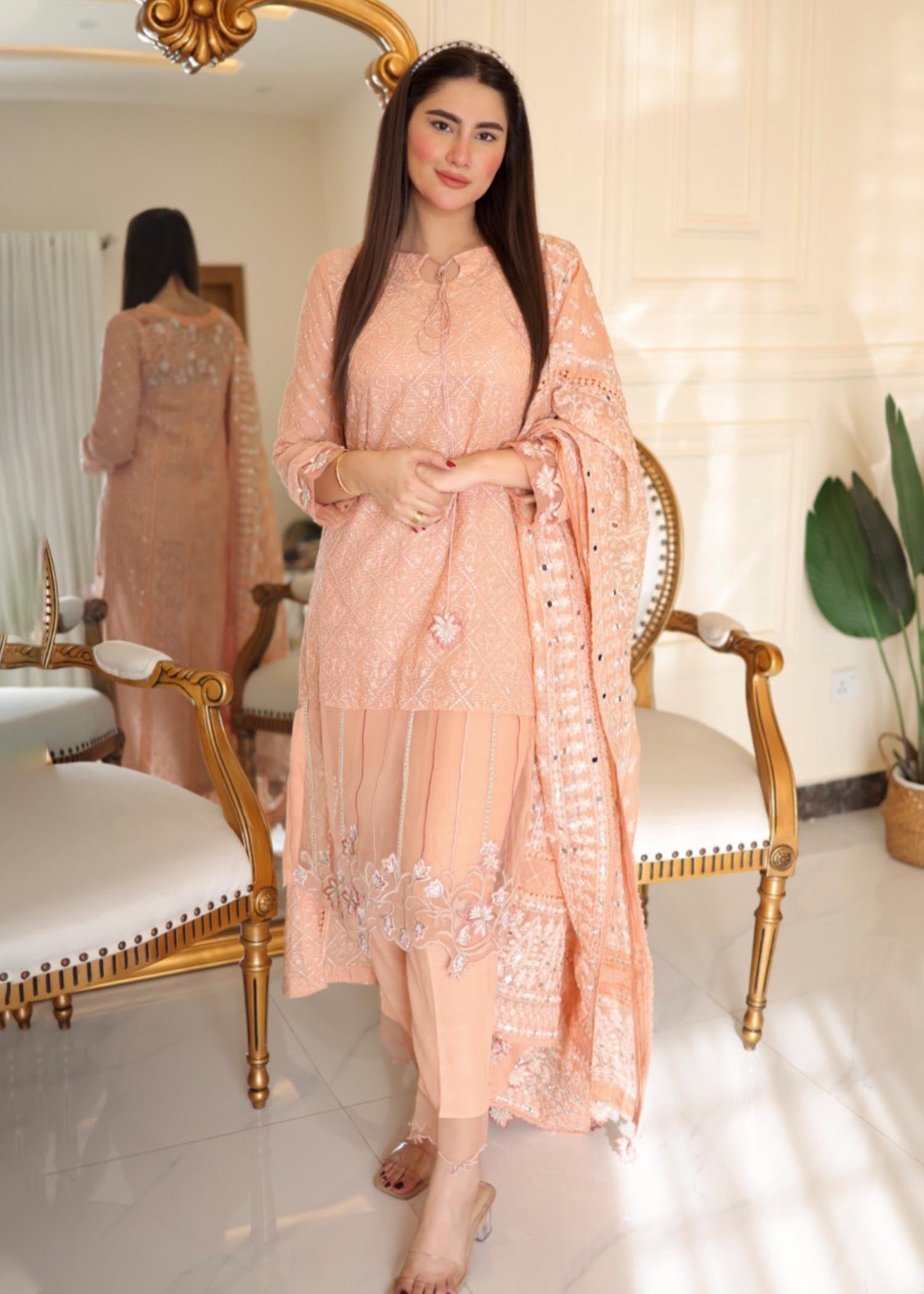 cotton net Kurta Set in Peach pink