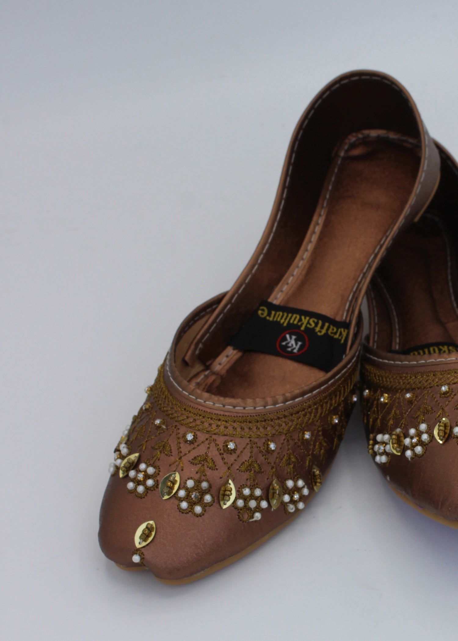 Khussa in Caramel brown, gold by - High Quality Women Khussa ALM7795