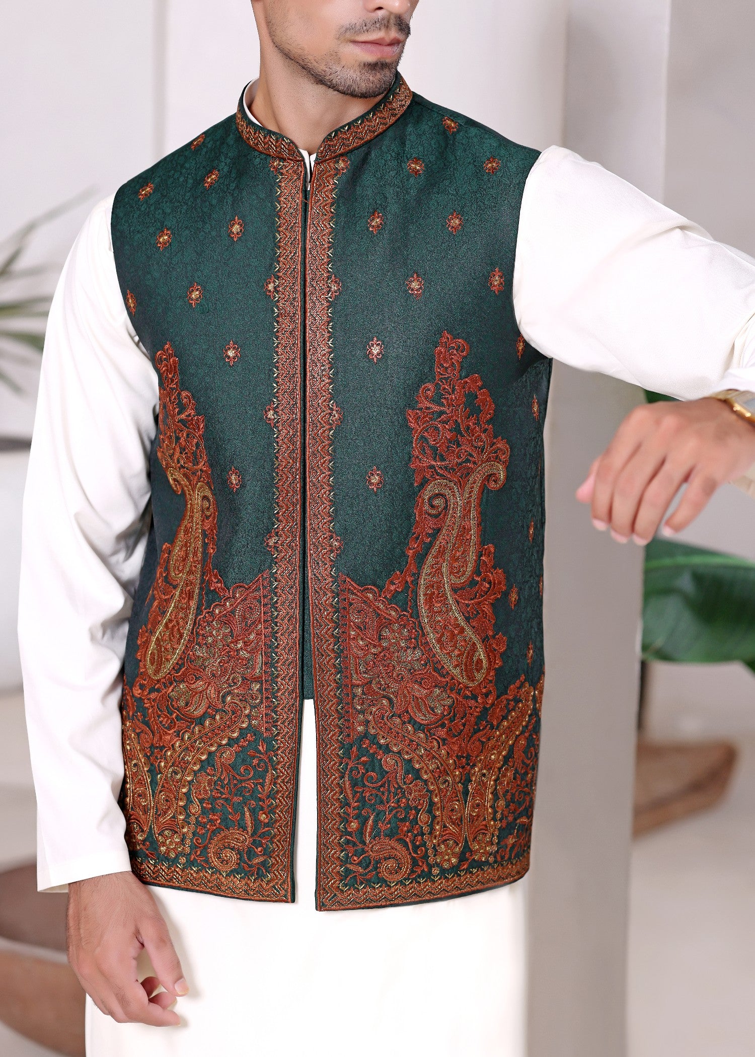 jamawar Waistcoat in Bottle green