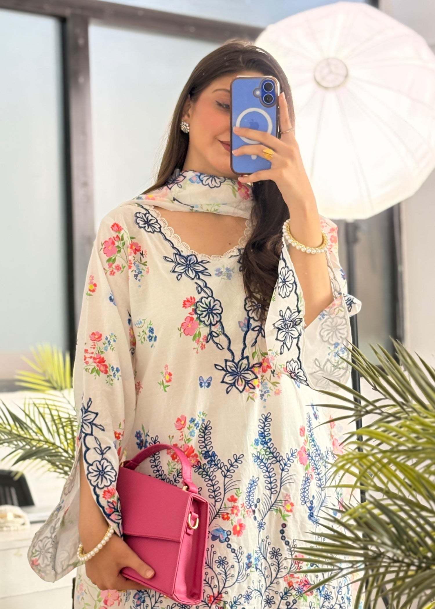 lawn Kurta Set in Multi, white