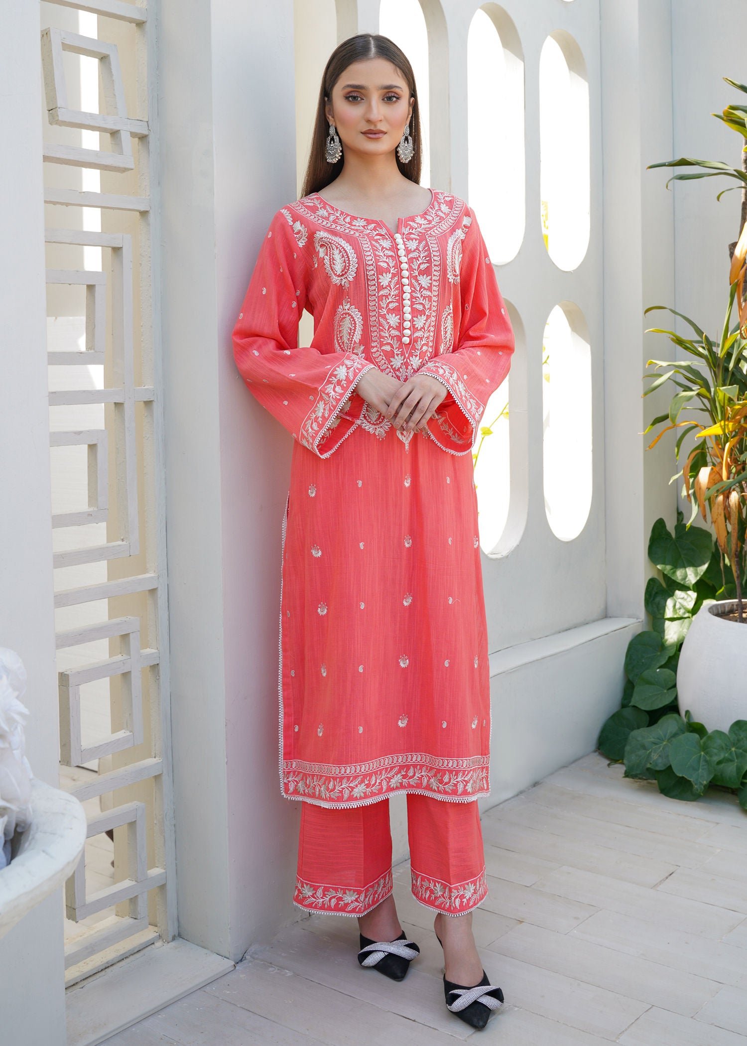 cotton karandi Kurta Set in Coral pink