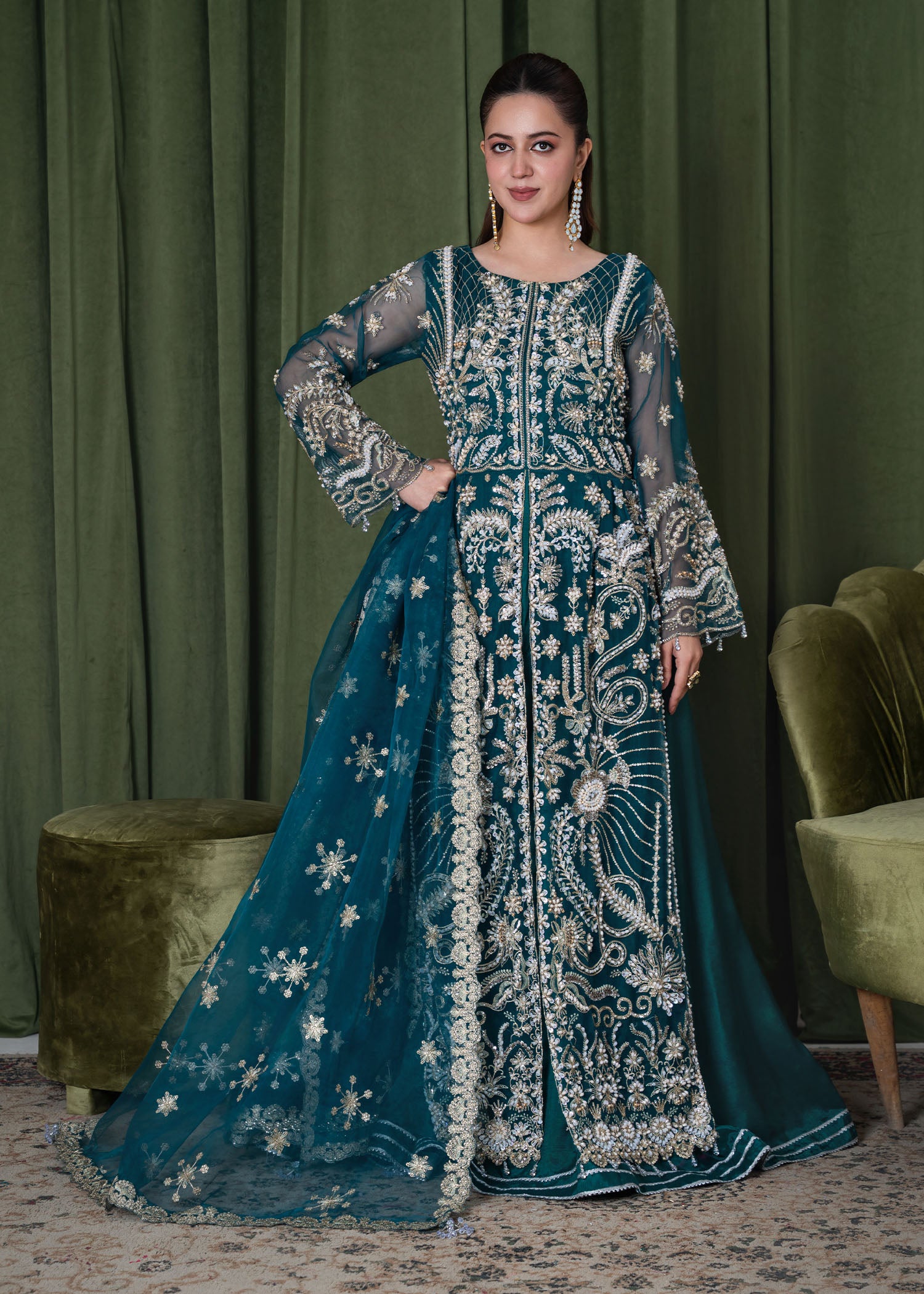 organza Lehenga in Sea green