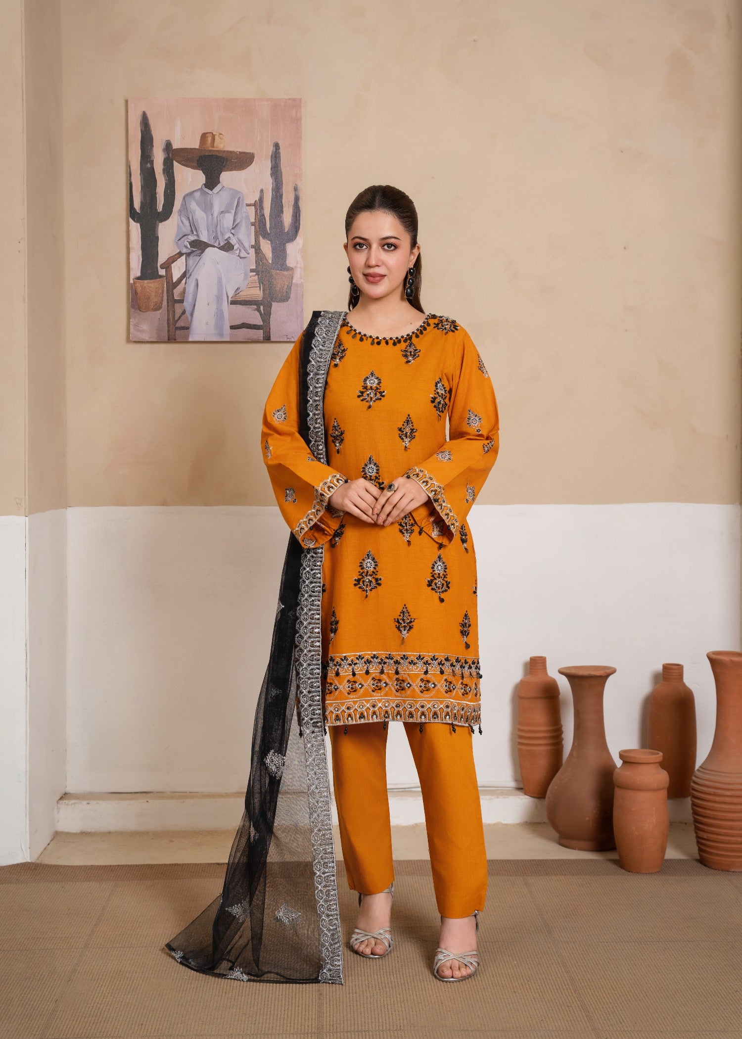 cambric cotton Kurta Set in Orange