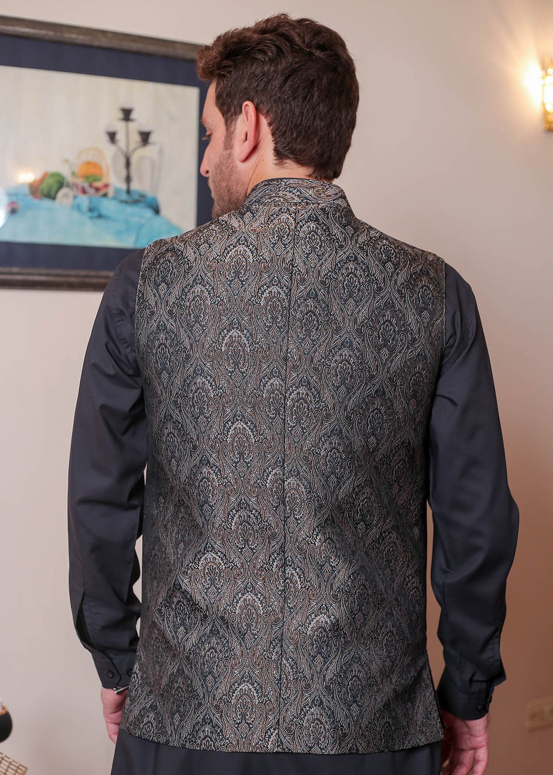 banarsi silk Waistcoat in Dark grey