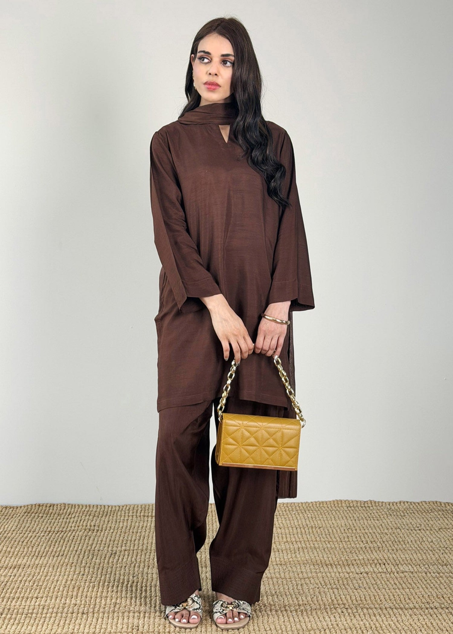 korean raw silk Kurta Set in Dark brown