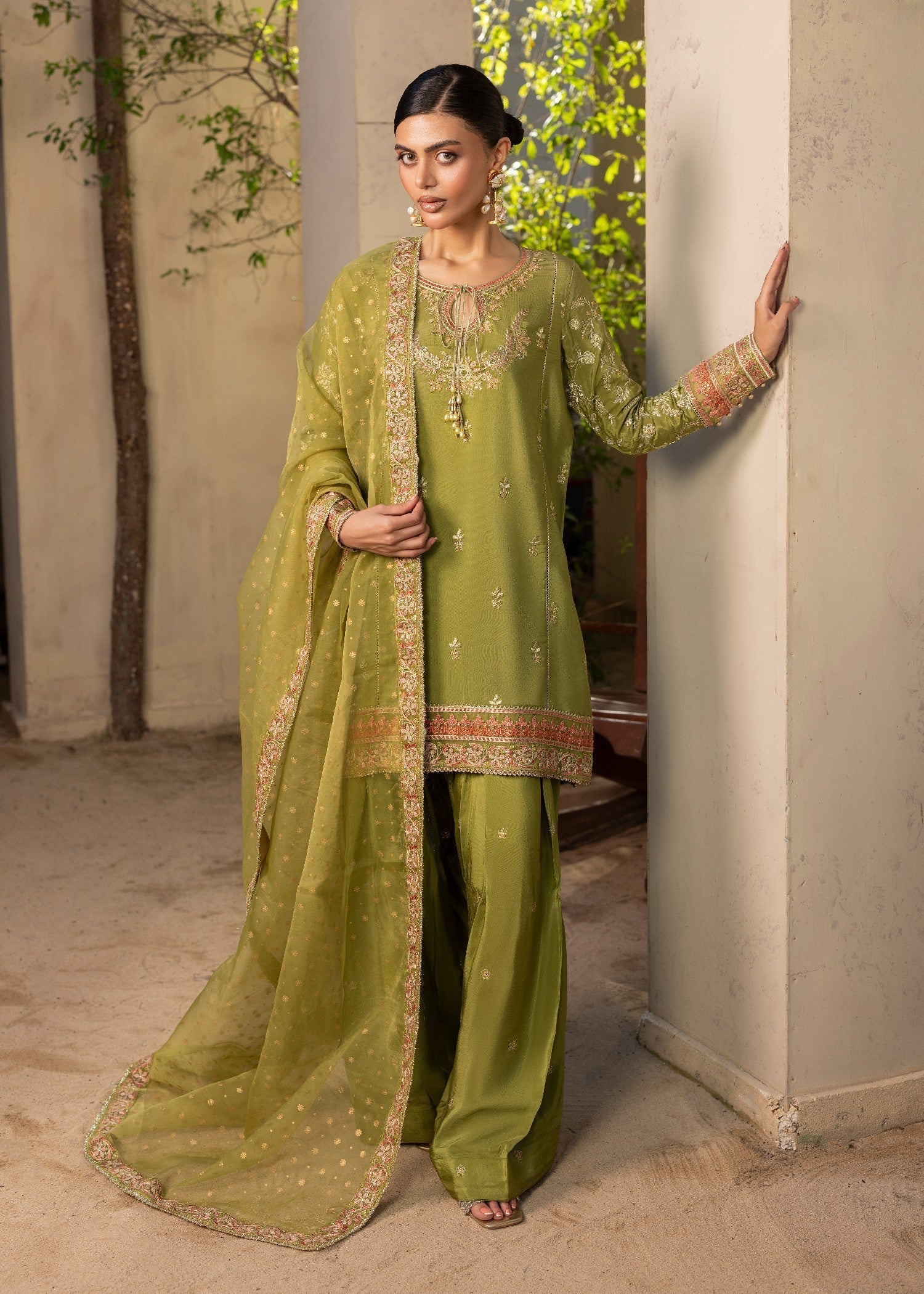 raw silk Kurta Set in Olive green