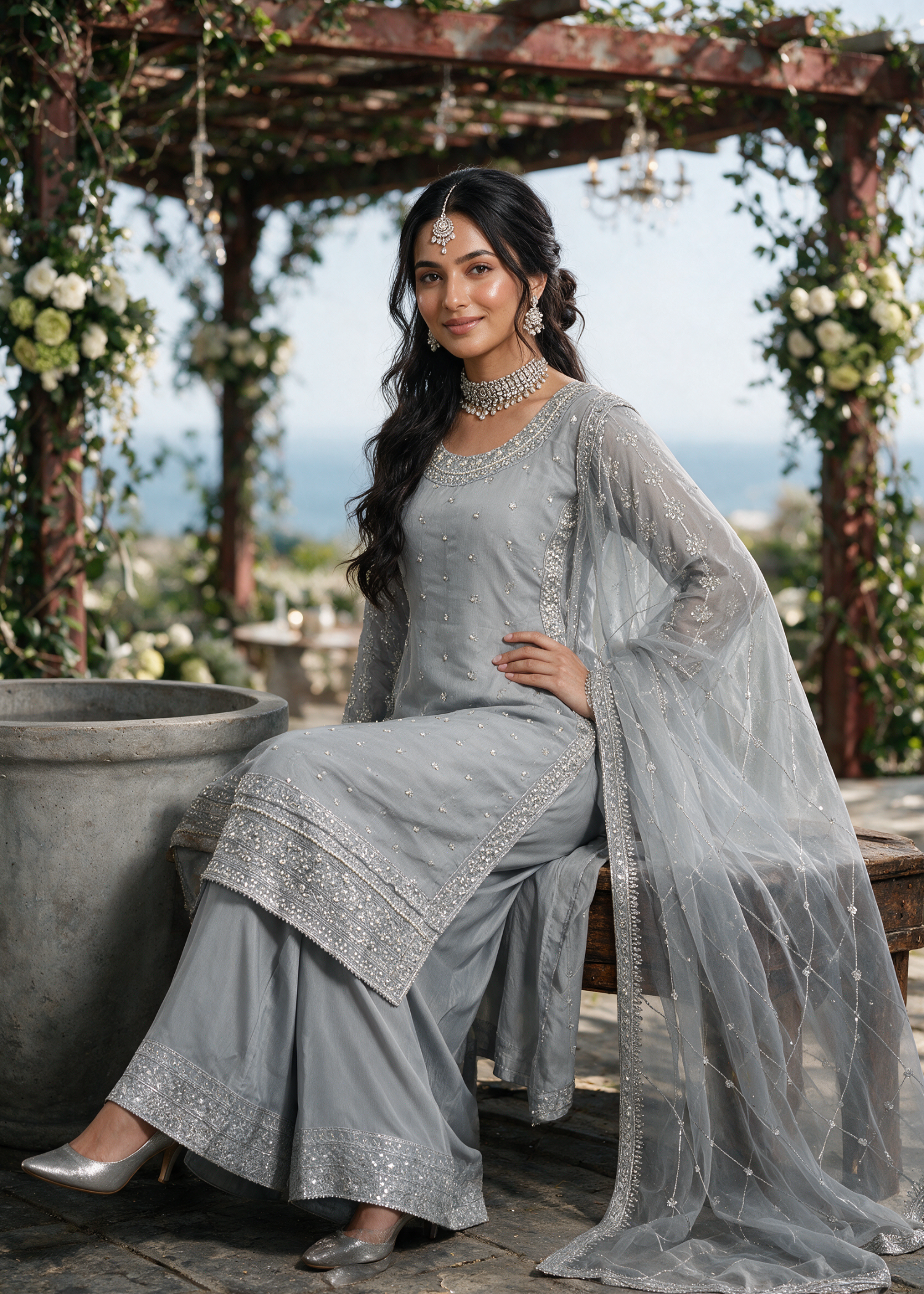 chiffon Kurta Set in Cool grey