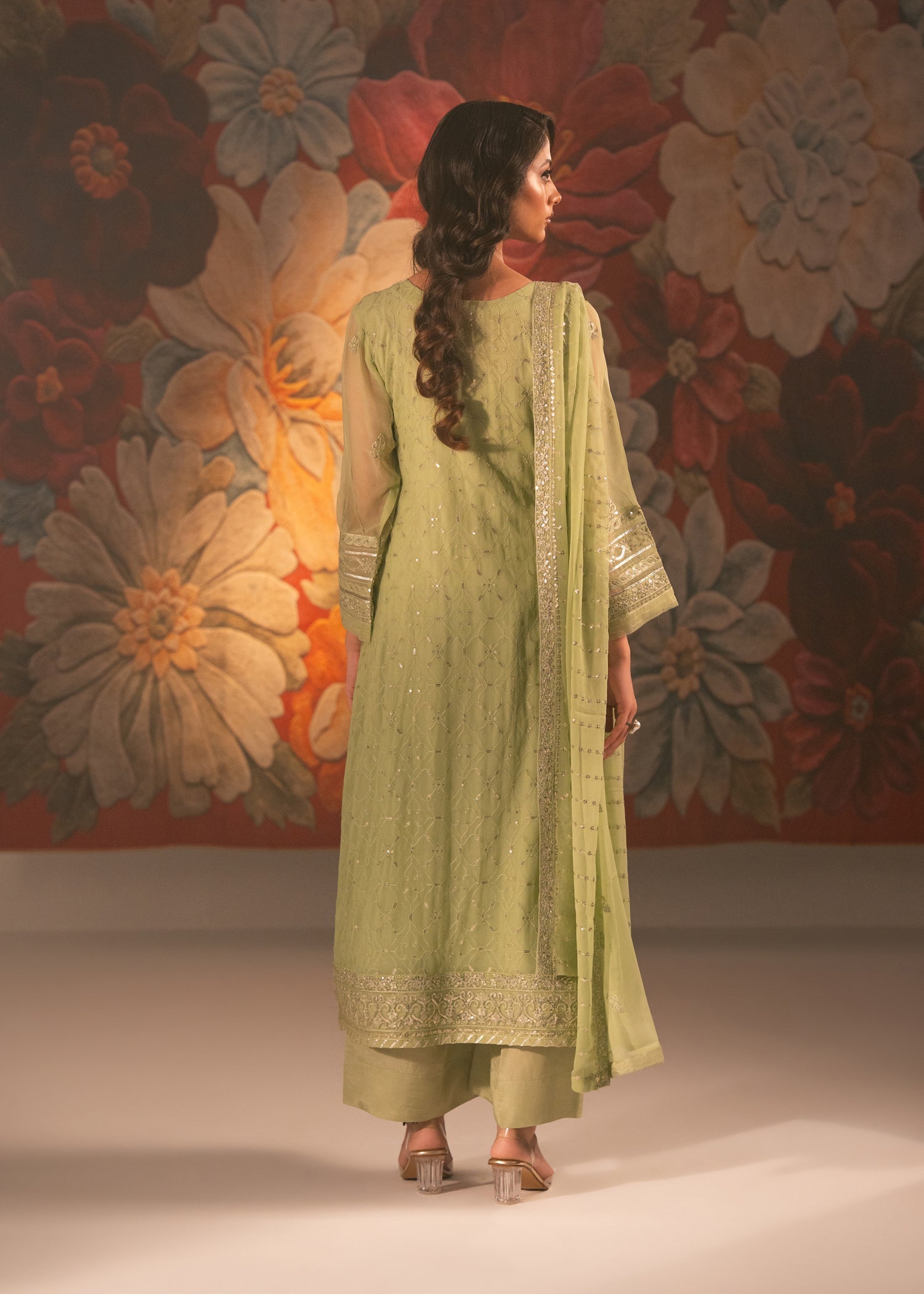 chiffon Unstitched in Pistachio green