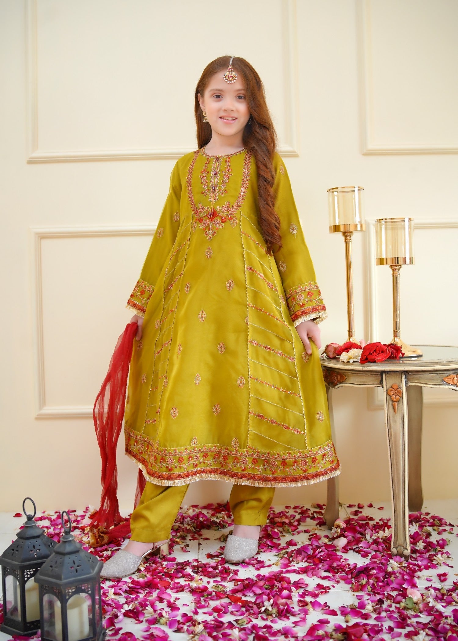 organza Pishwas in Olive green