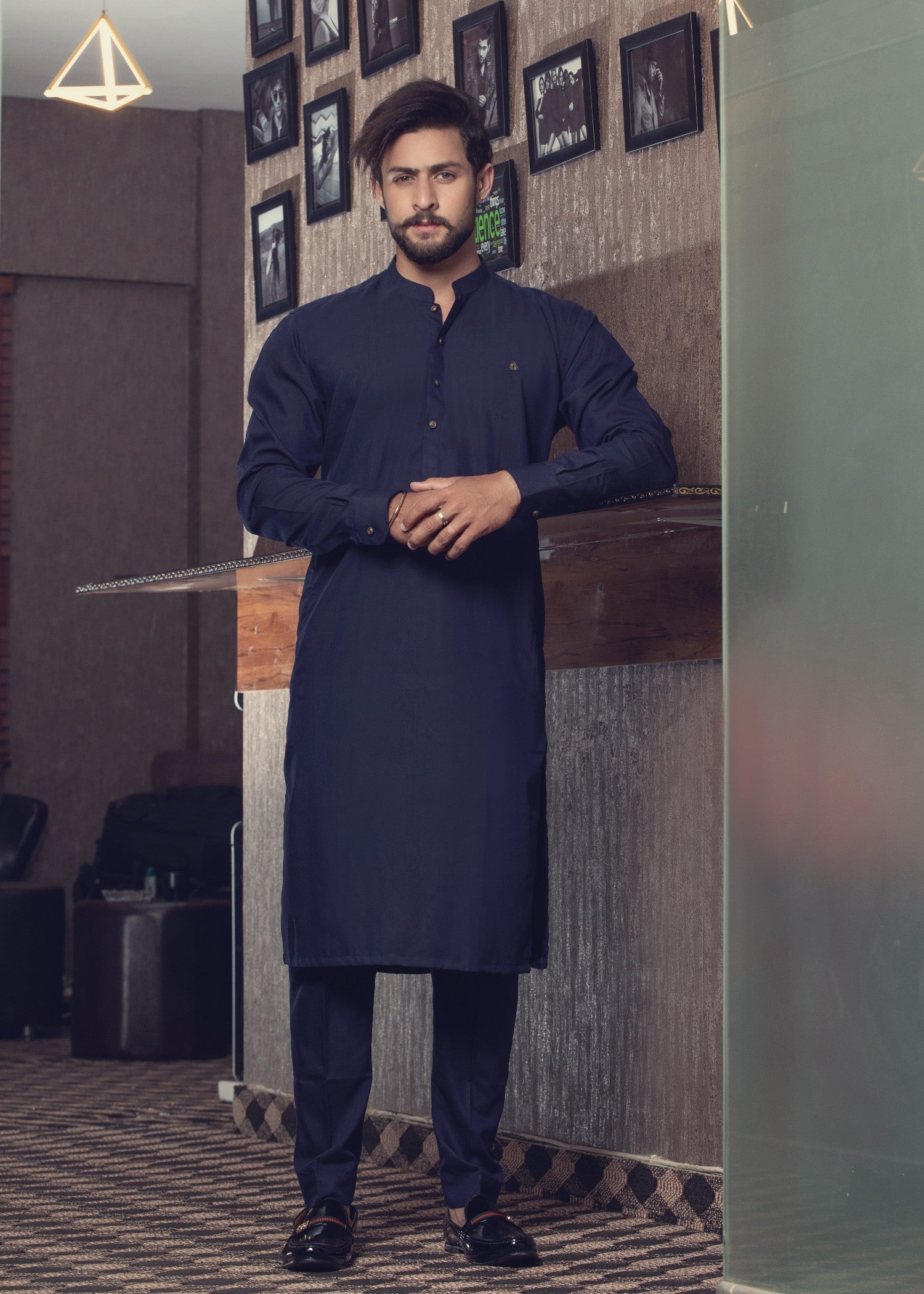 cotton satin Kurta Set in Navy blue