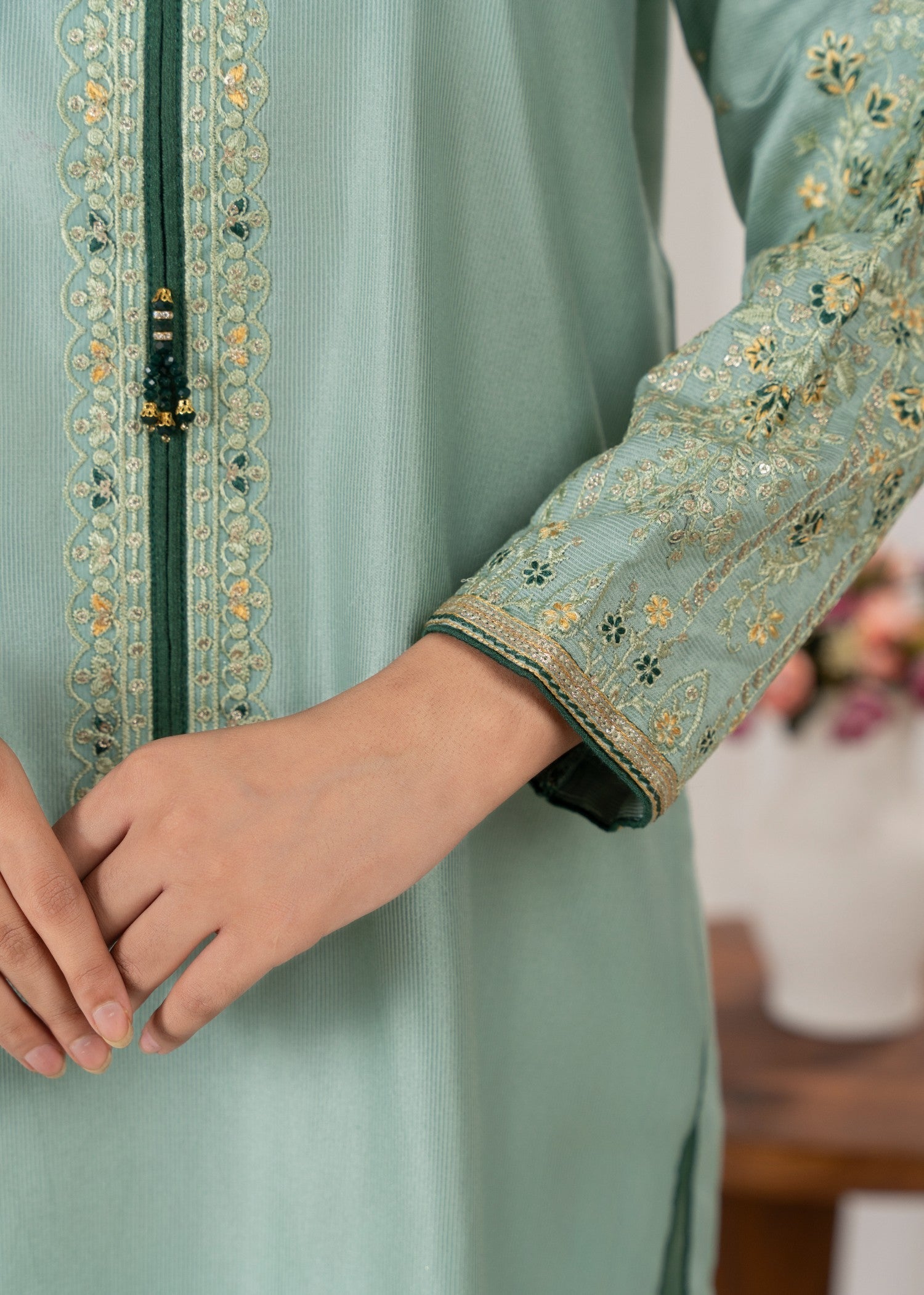 chambray Kurta Set in Moss green