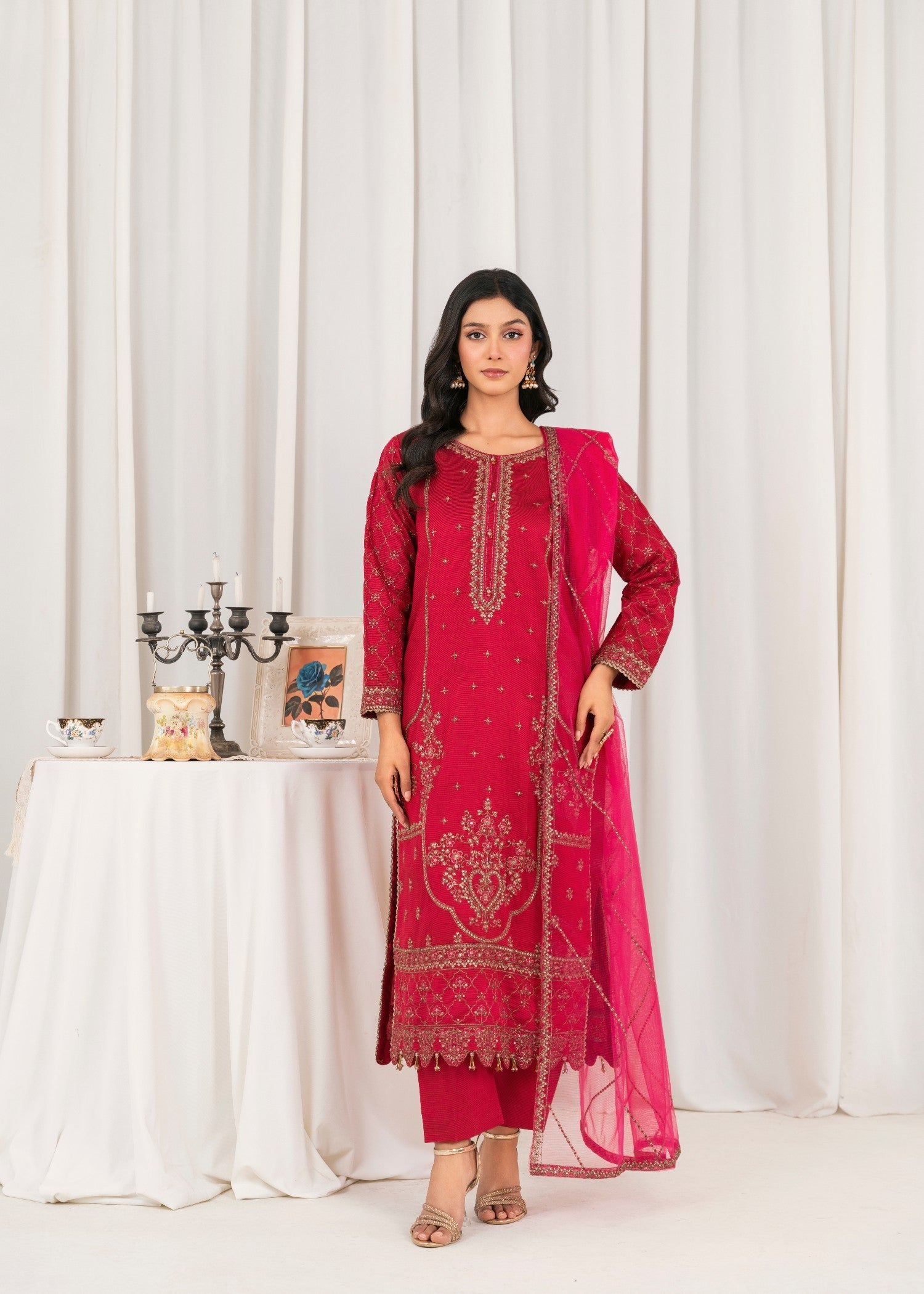 cotton silk Kurta Set in Shocking pink