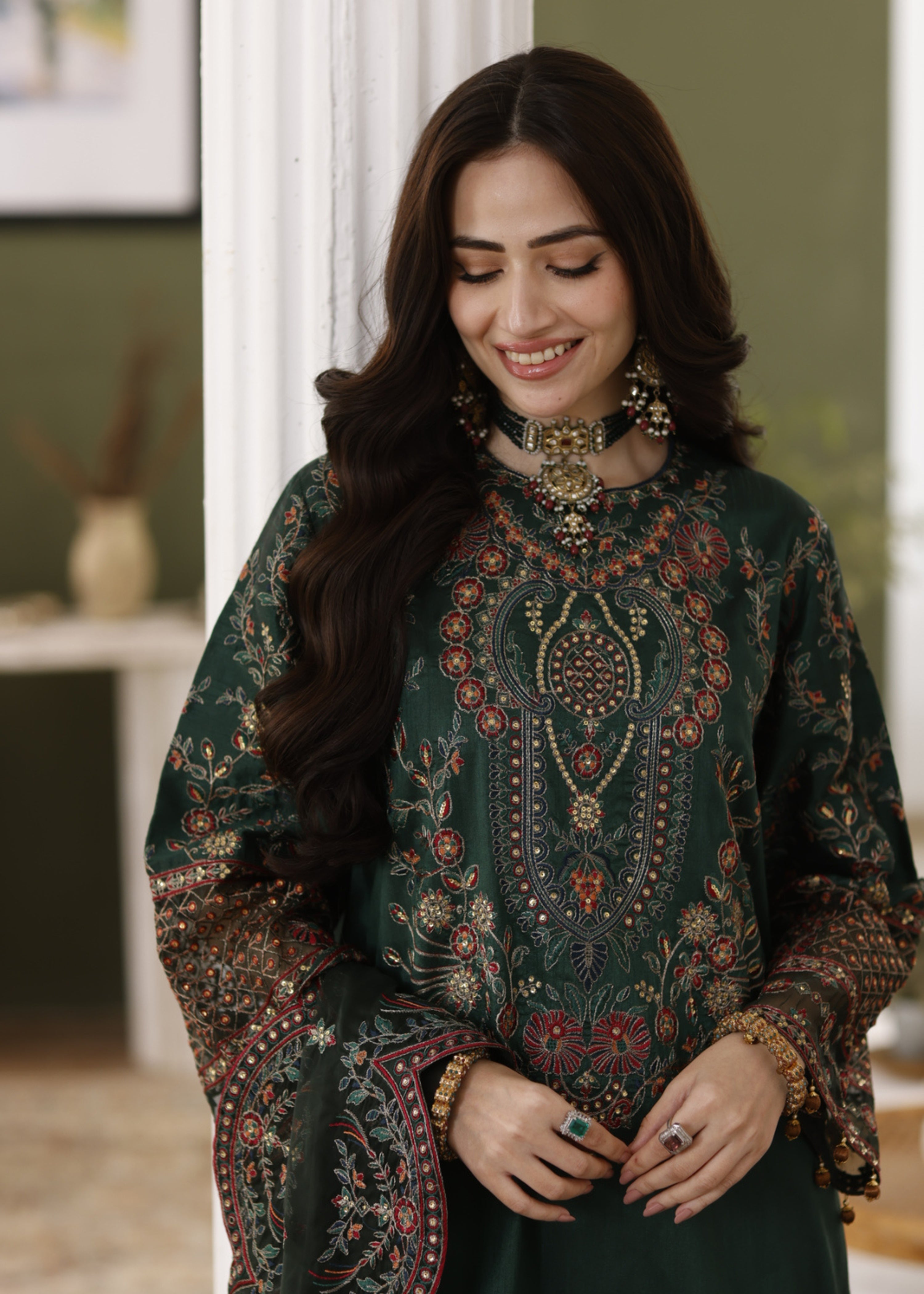 raw silk Kurta Set in Dark green