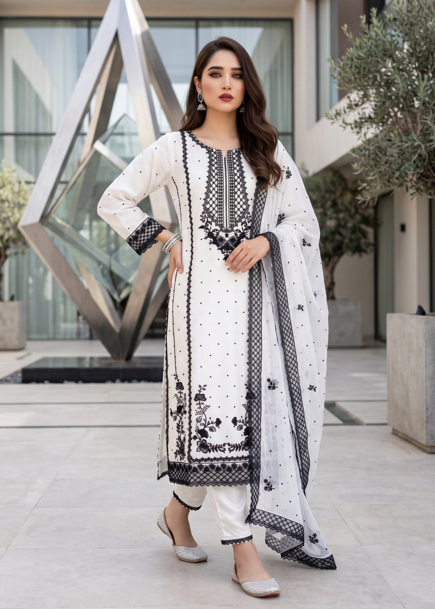 chiffon Kurta Set in White