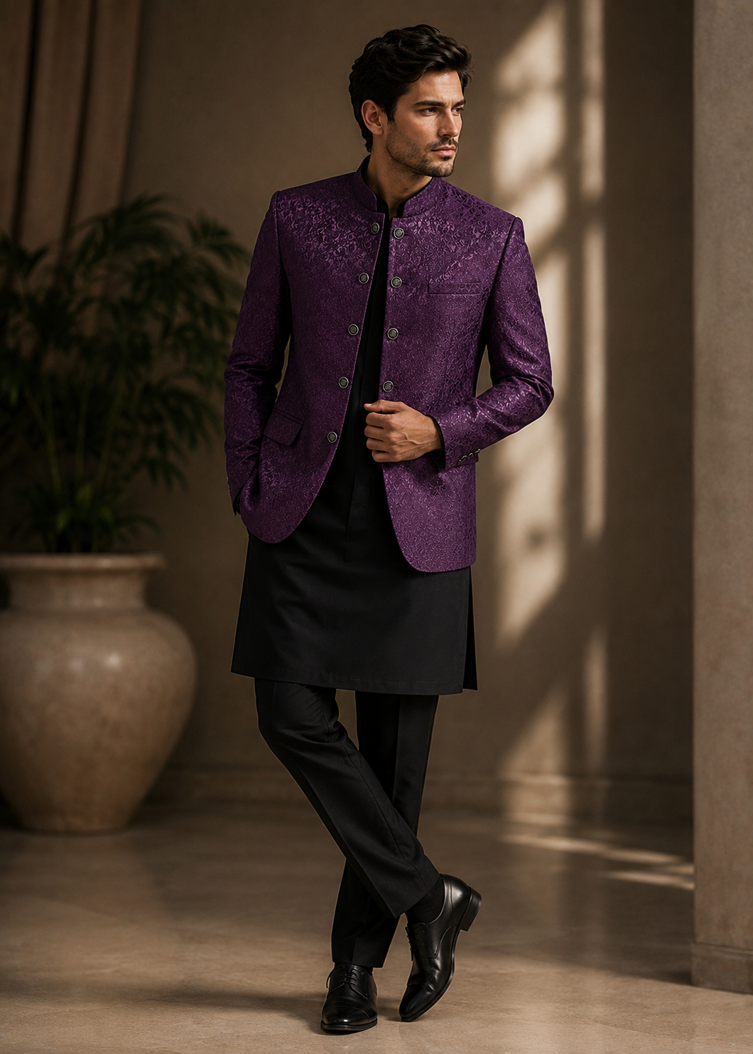 traditional jamawar Prince Coat in Plum purple