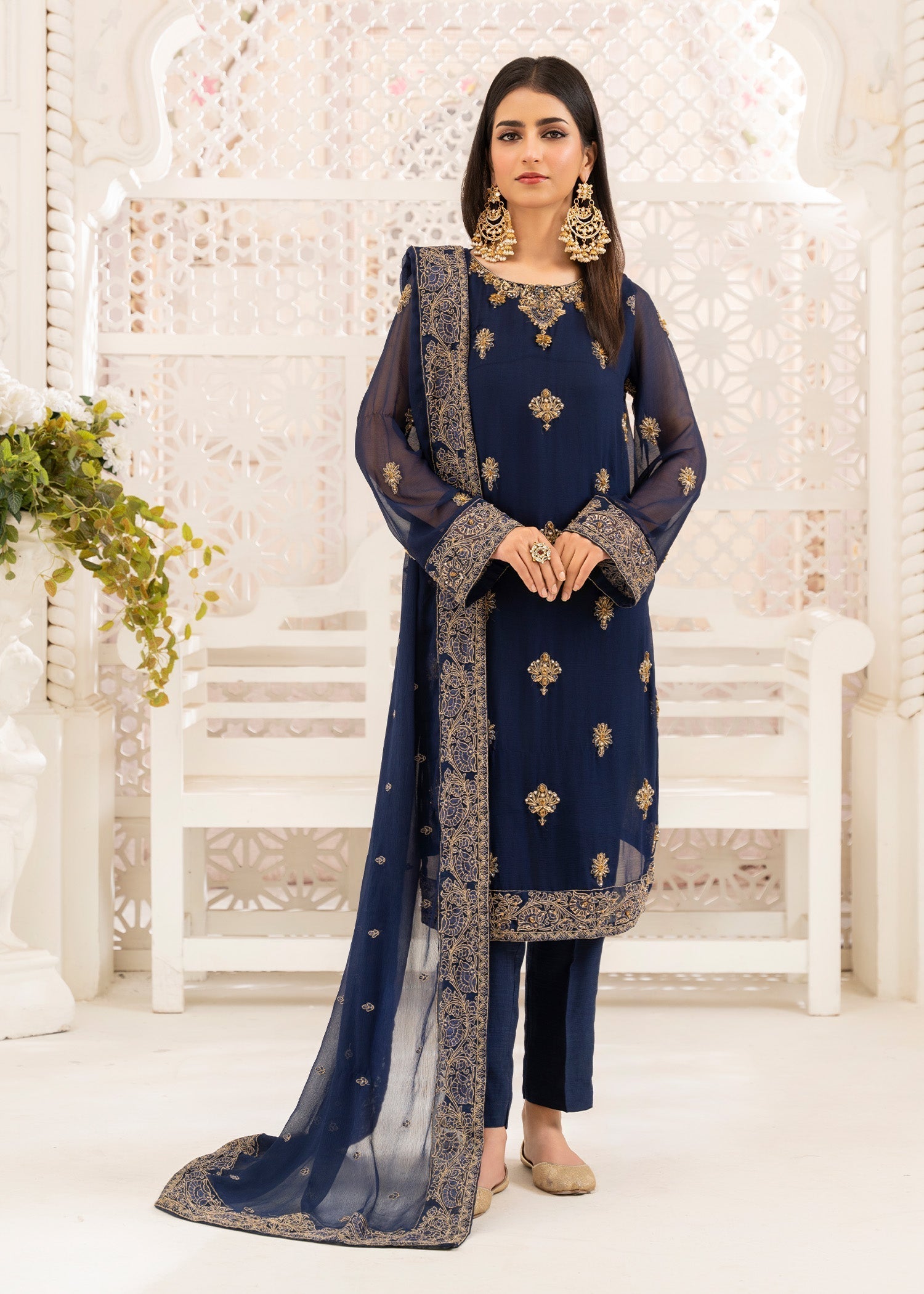 chiffon Kurta Set in Dark blue