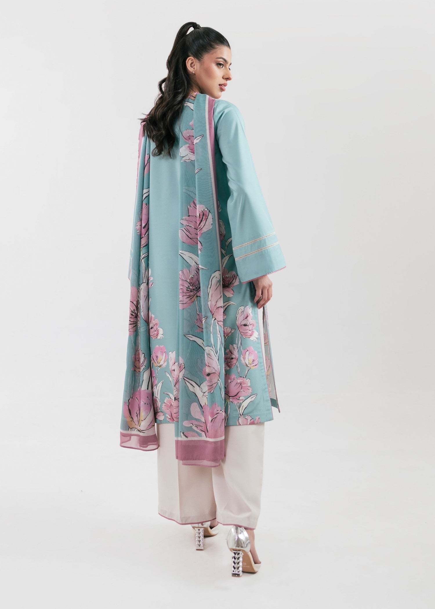 poly lawn Kurta Set in Light blue