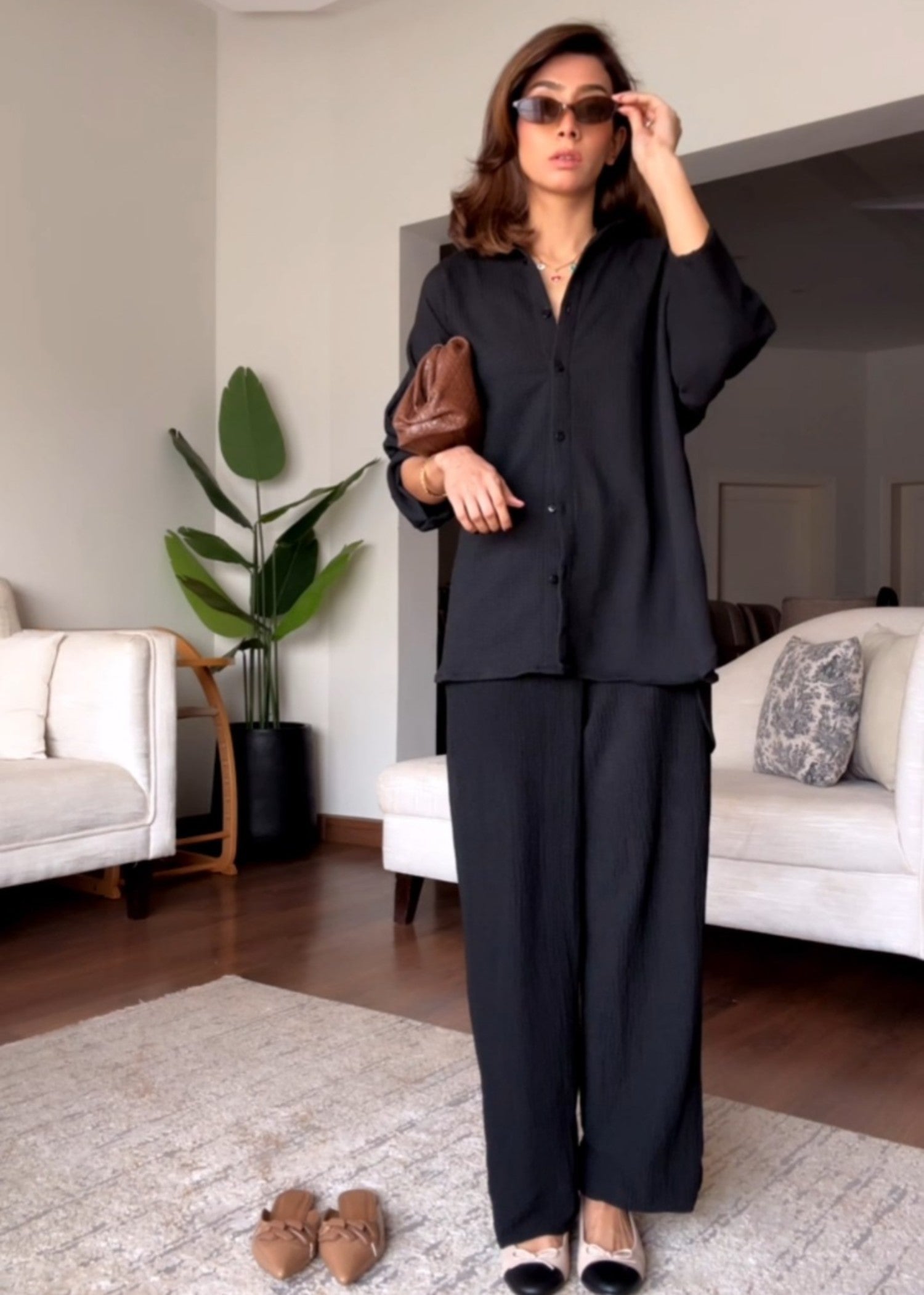melange jersey knit Co Ord Sets in Black