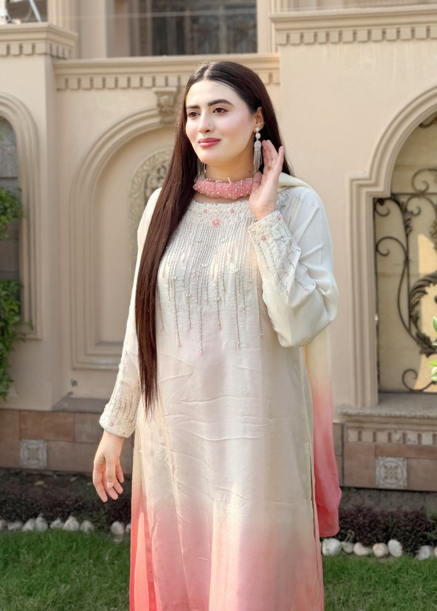 pk grip silk Kurta Set in Ivory, cherry blossom pink