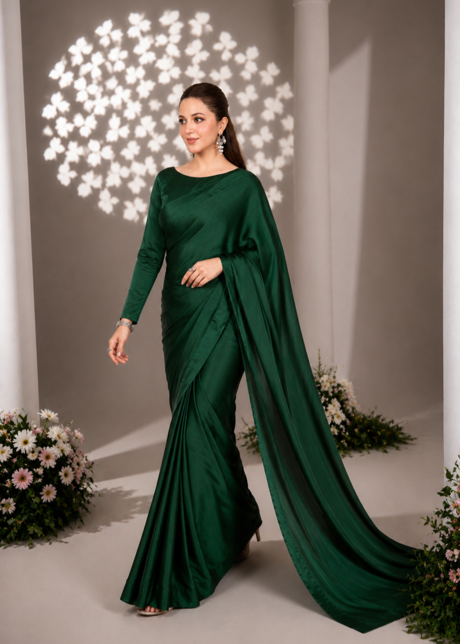 silk Saree in Bottle green