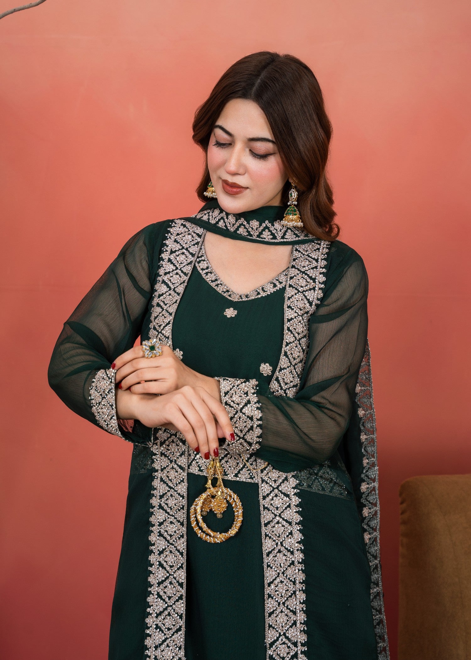 chiffon Gown in Bottle green