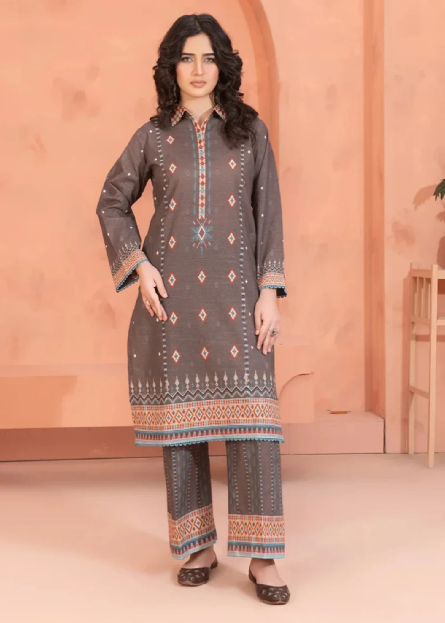 khaddar Unstitched in Almond brown