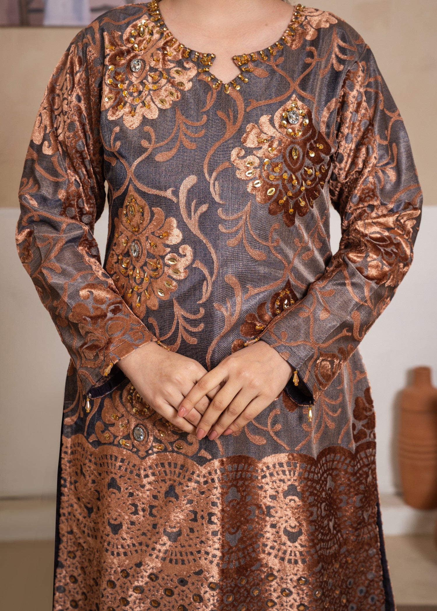 chinese micro velvet 3000 Kurta Set in Hazelwood brown