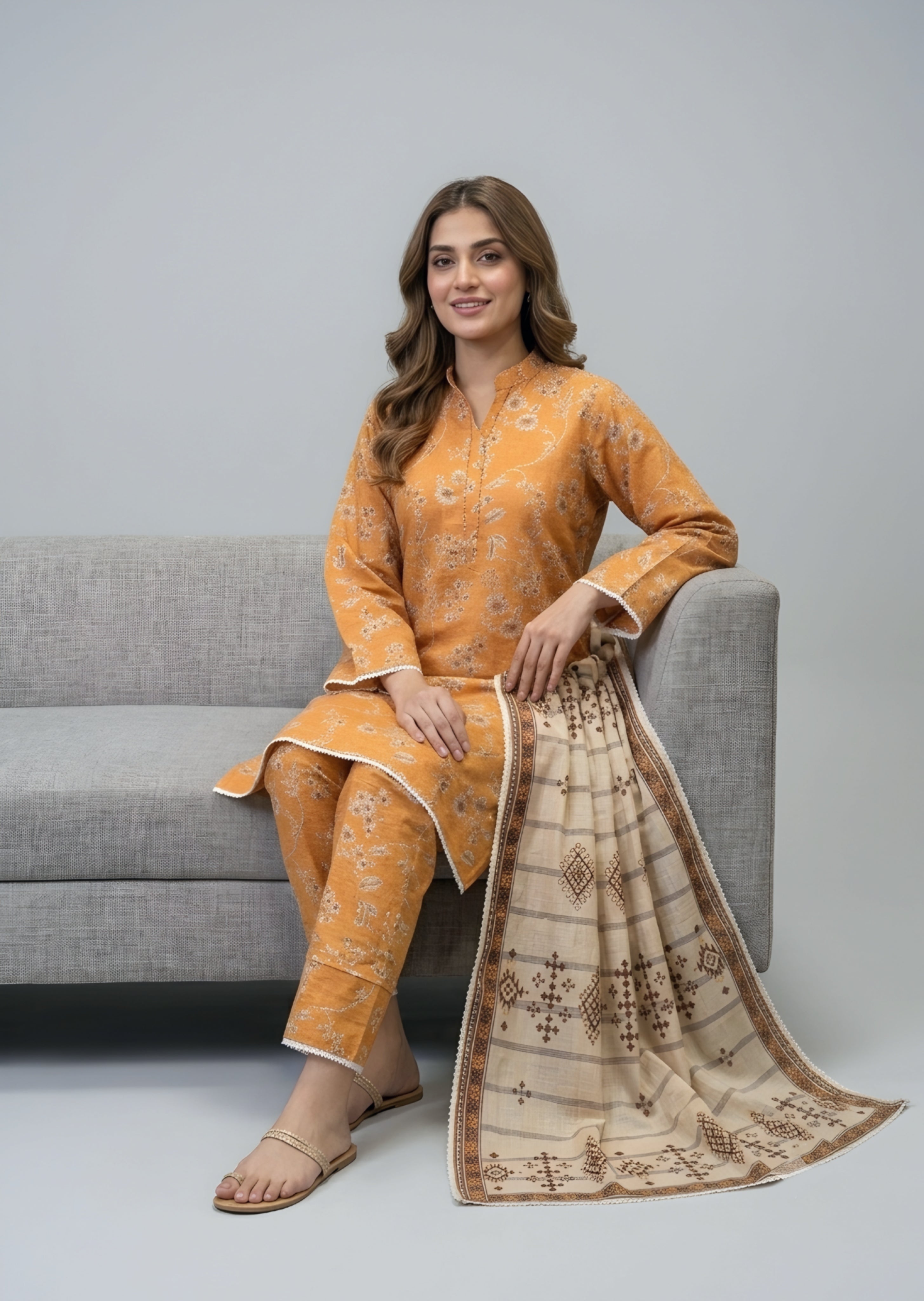 khaddar Kurta Set in Mari gold