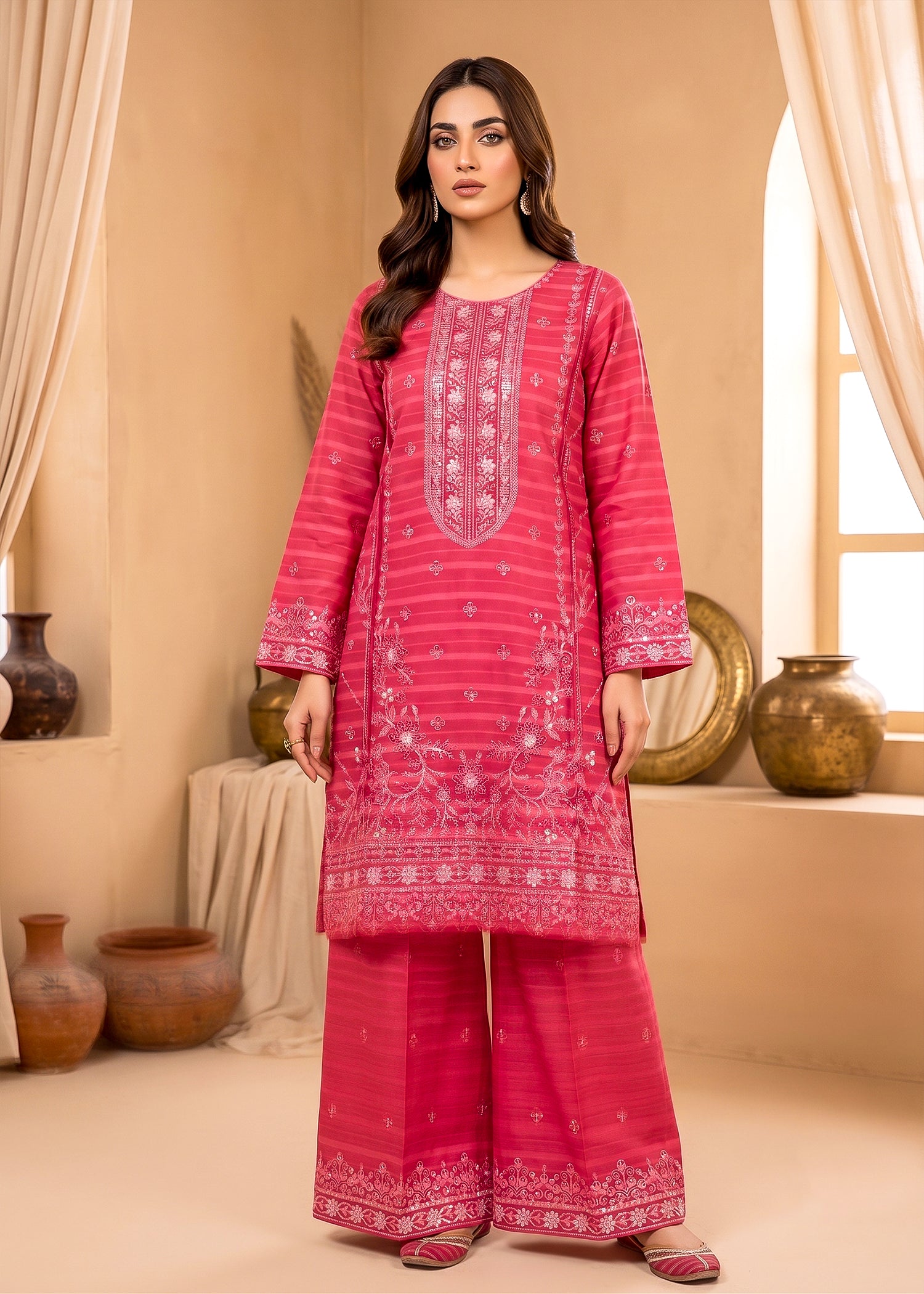 cotton jacquard Kurta Set in Hot pink