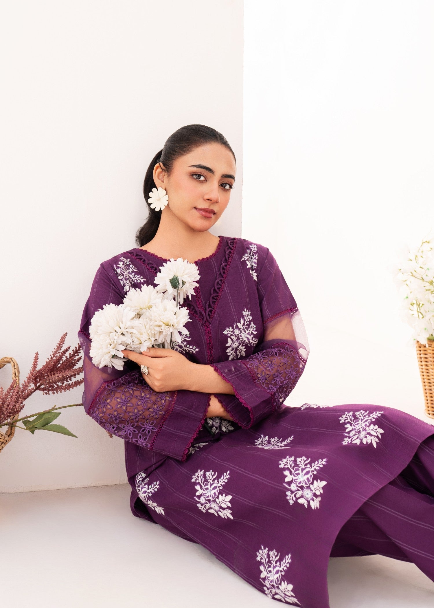 cambric Kurta Set in Purple
