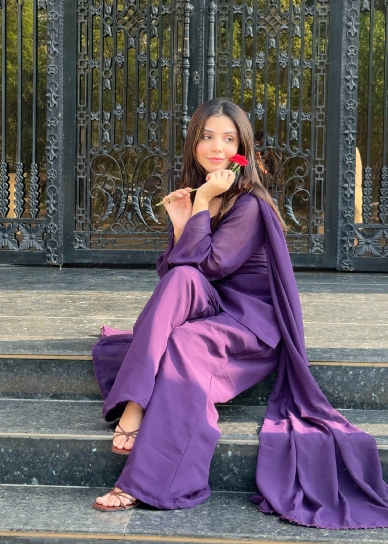 chiffon Kurta Set in Royal purple