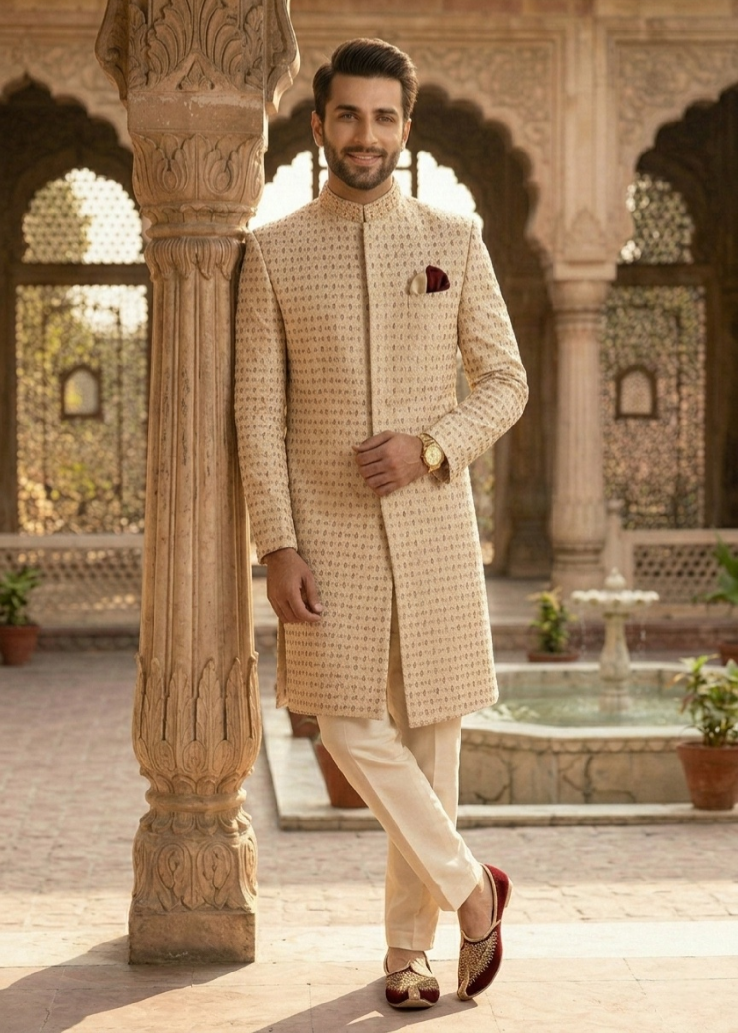silk Sherwani in Ivory