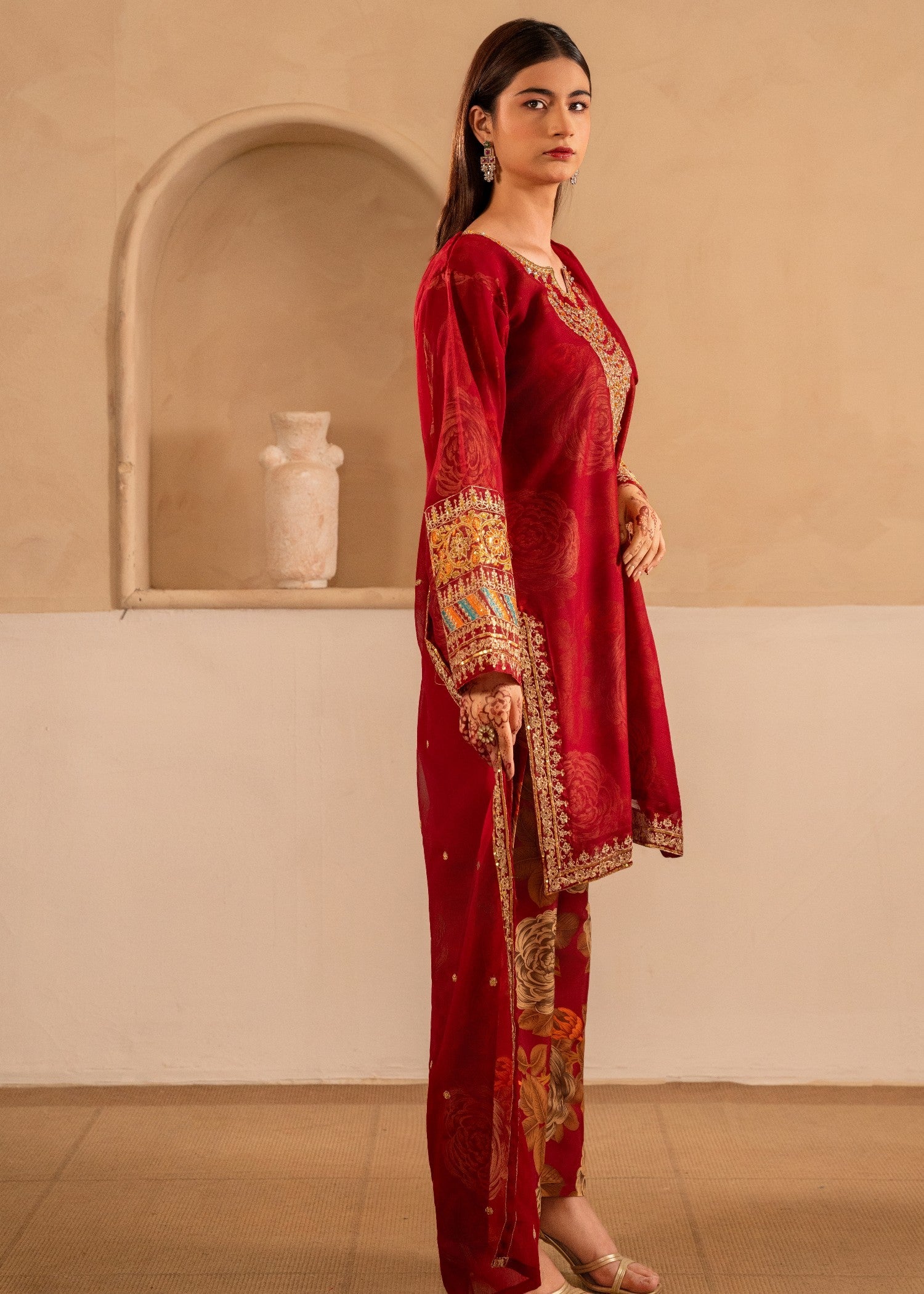 chiffon Kurta Set in Red