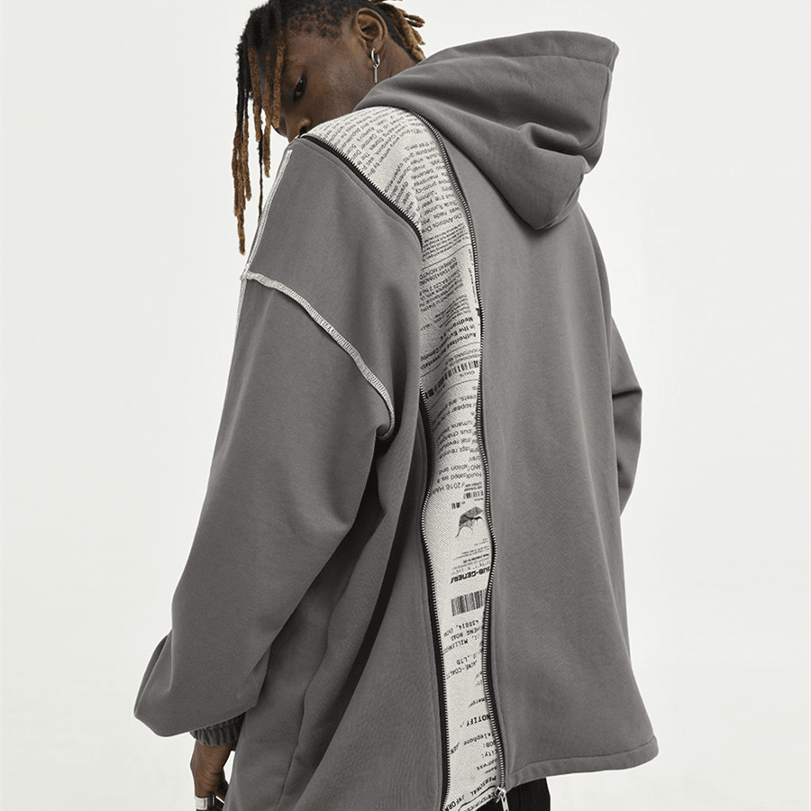 Asymmetrical Zipper Reverse Process Printing Loose Hooded Sweatshirt