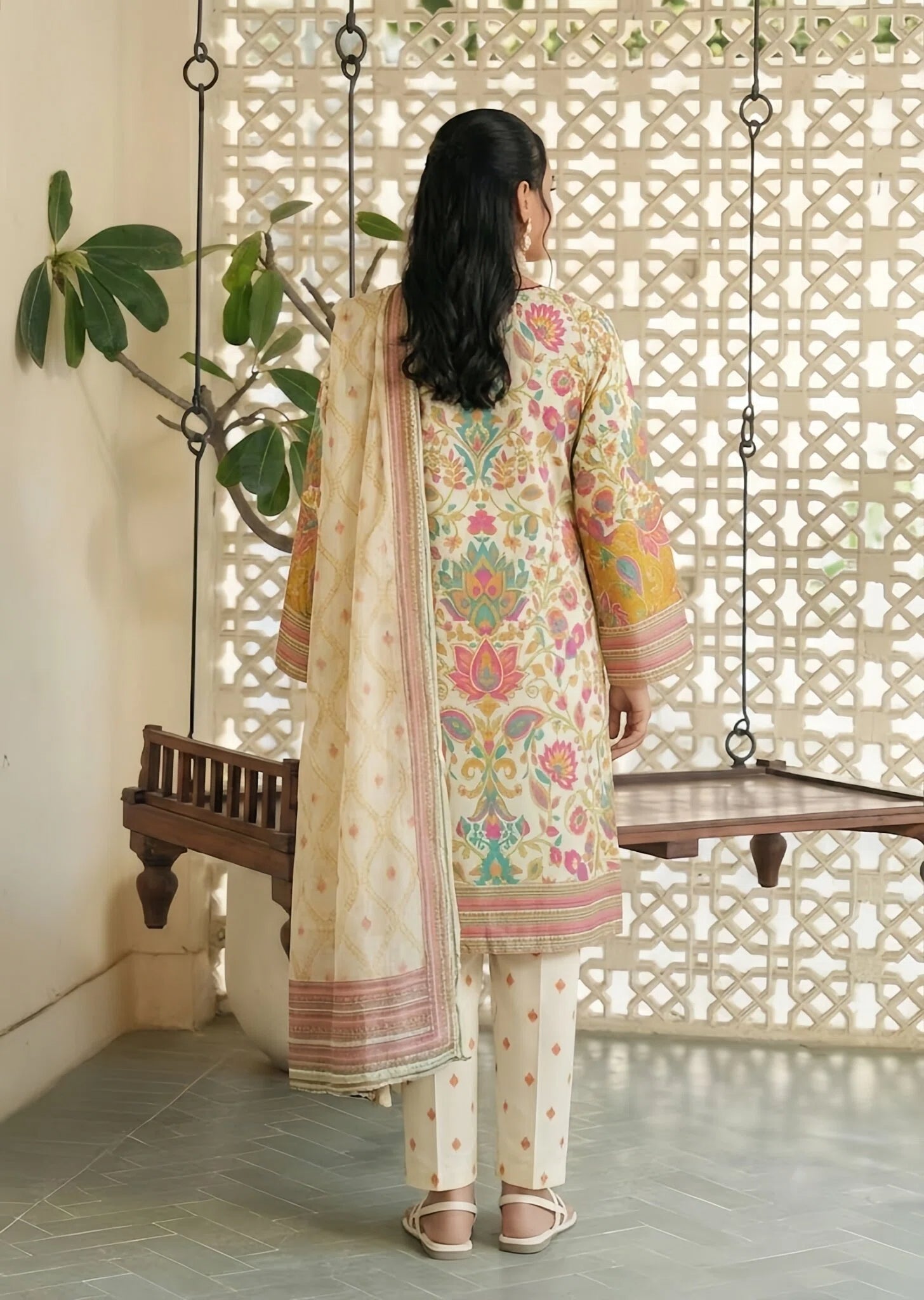 poly lawn Kurta Set in Ivory