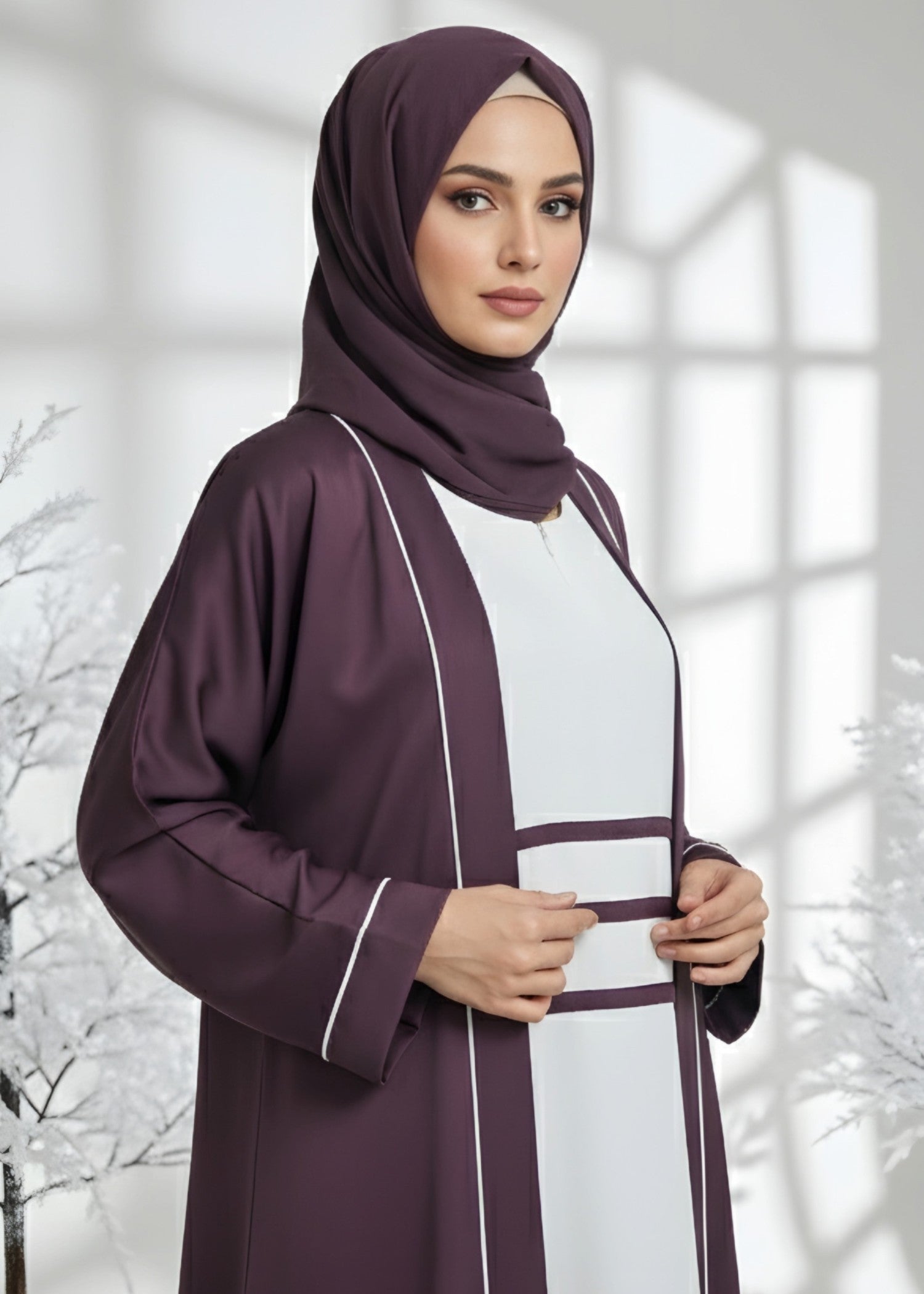 nidha blend Abaya in White, plum