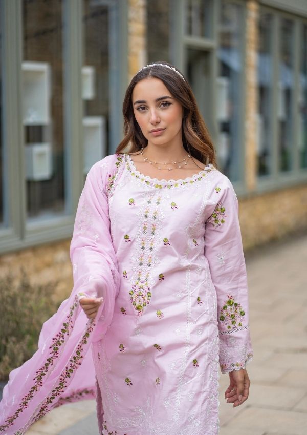 lawn cotton Kurta Set in Cotton candy pink