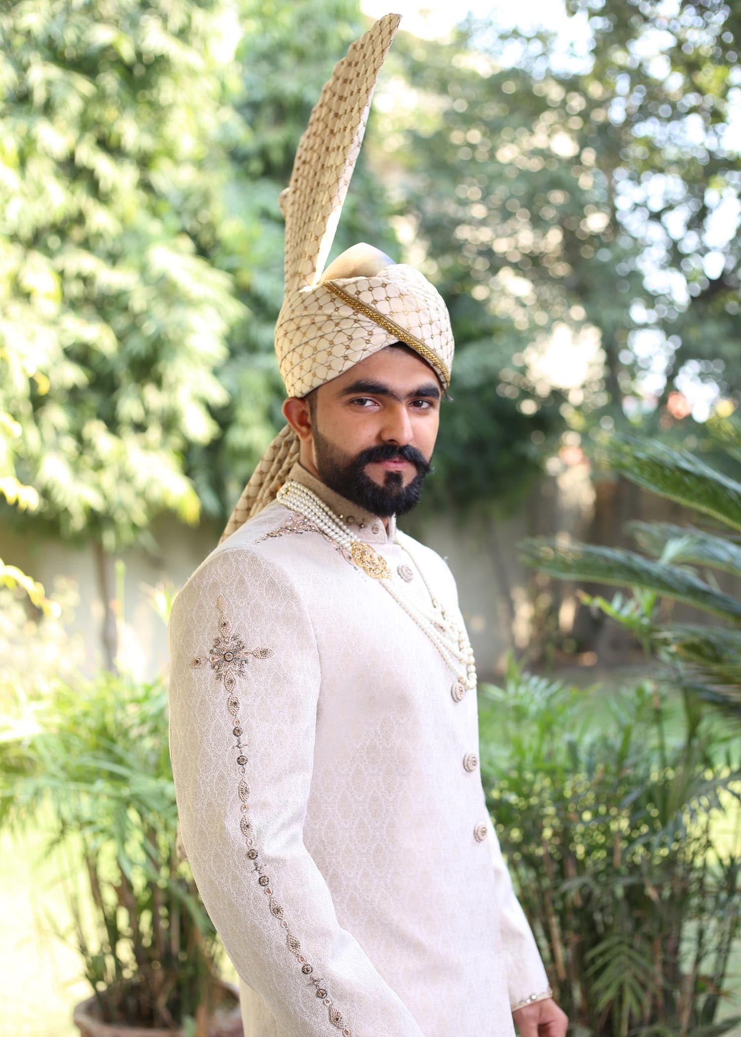 jamawar Sherwani in Cream