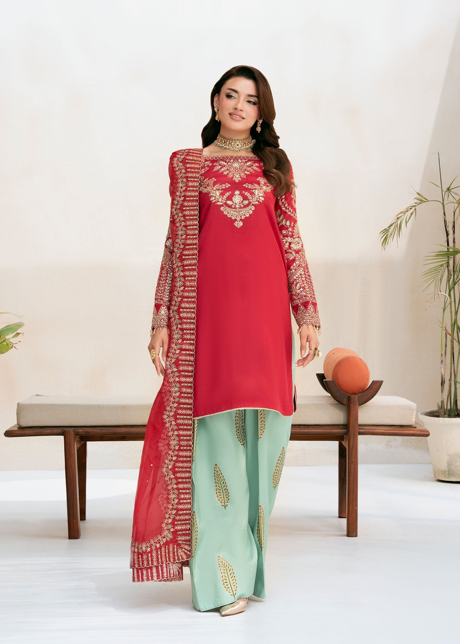 raw silk Kurta Set in Imperial red