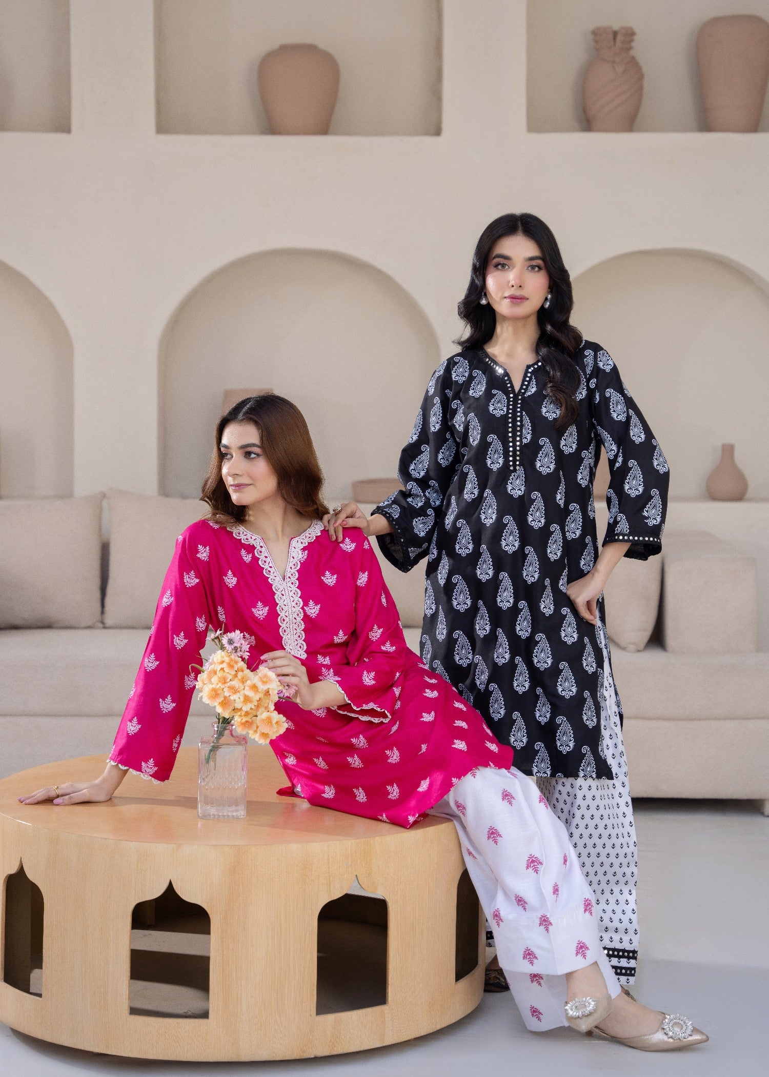 linen Kurta Set in White, hot pink red