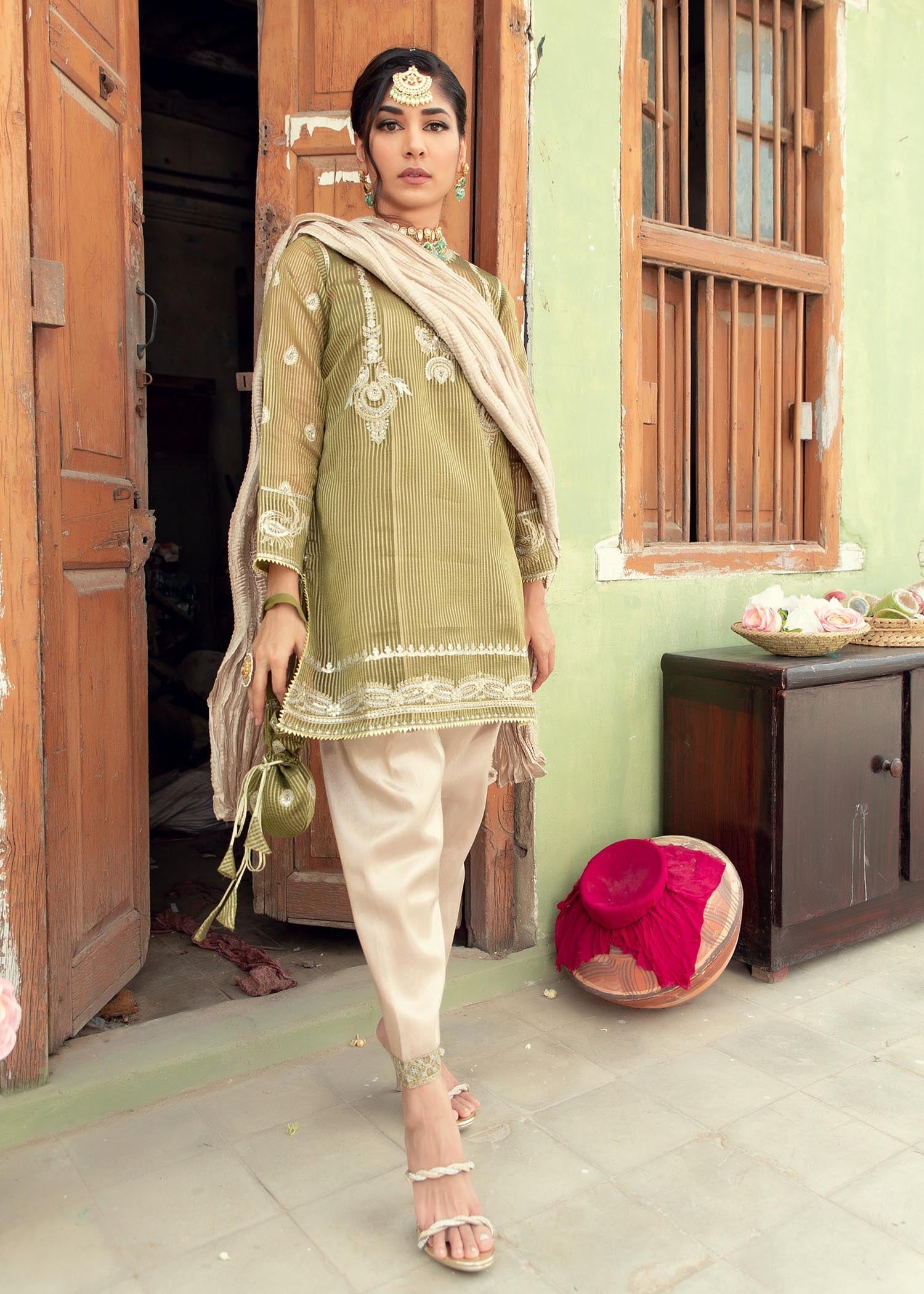 tissue Kurta Set in Sage green