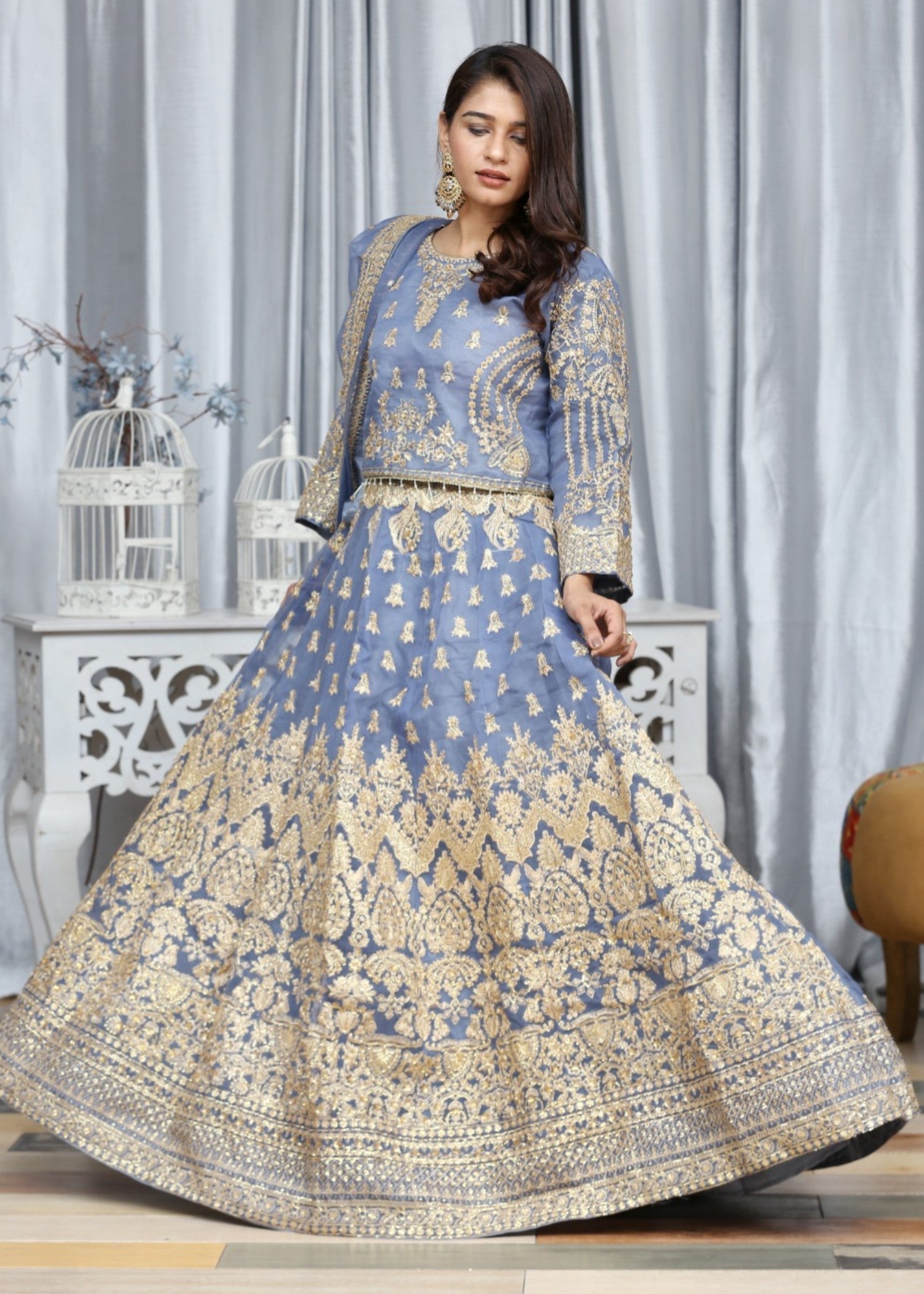 organza Lehenga in Duck egg grey