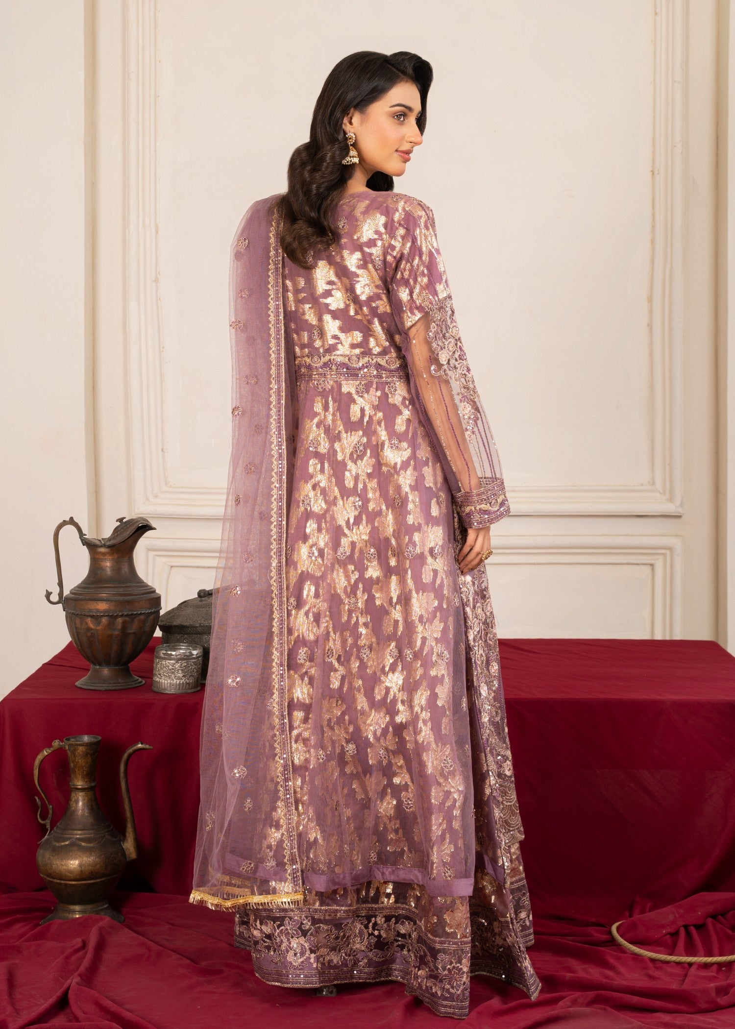 organza zari jacquard Pishwas in Lilac