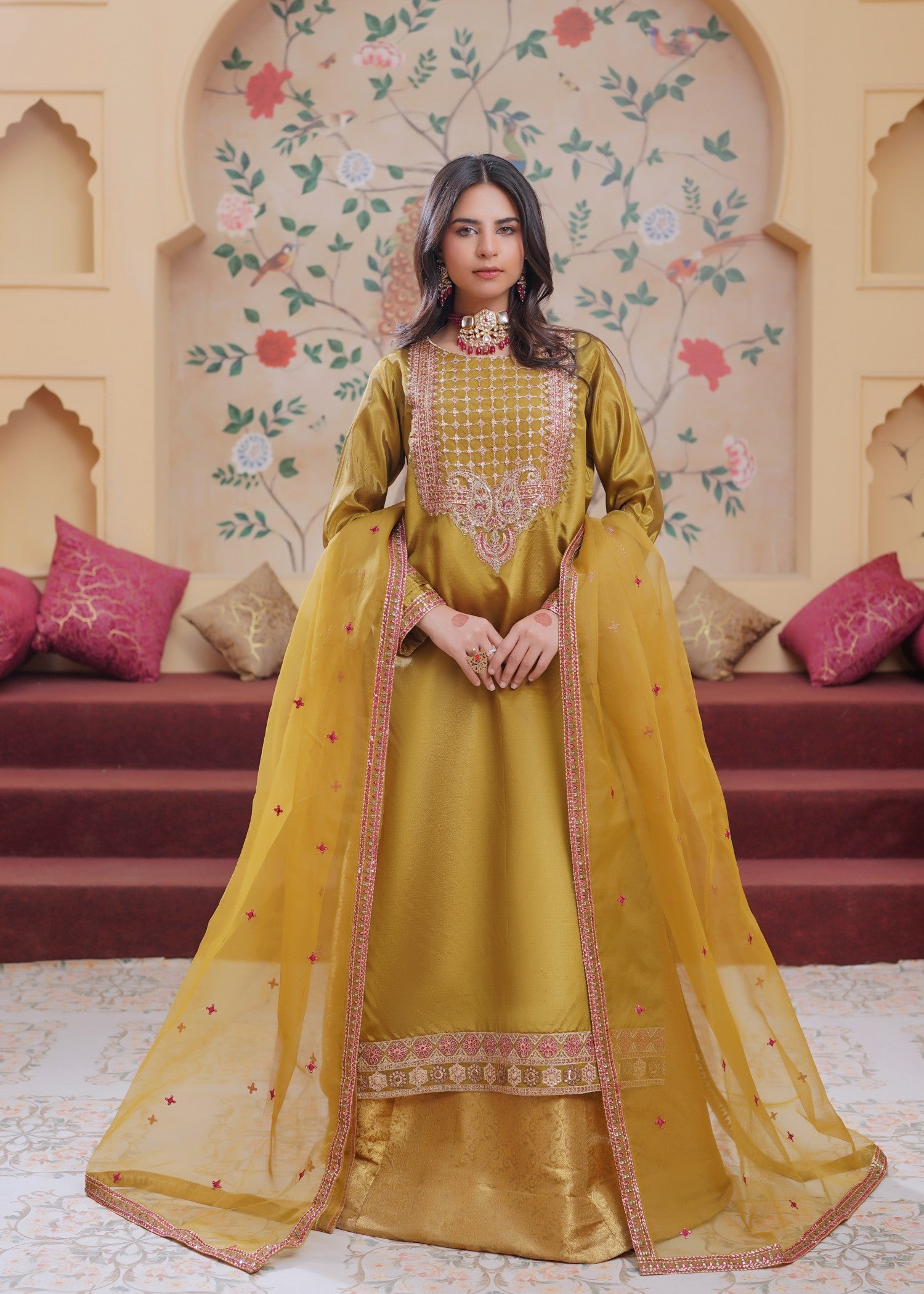 silk Lehenga in Olive green