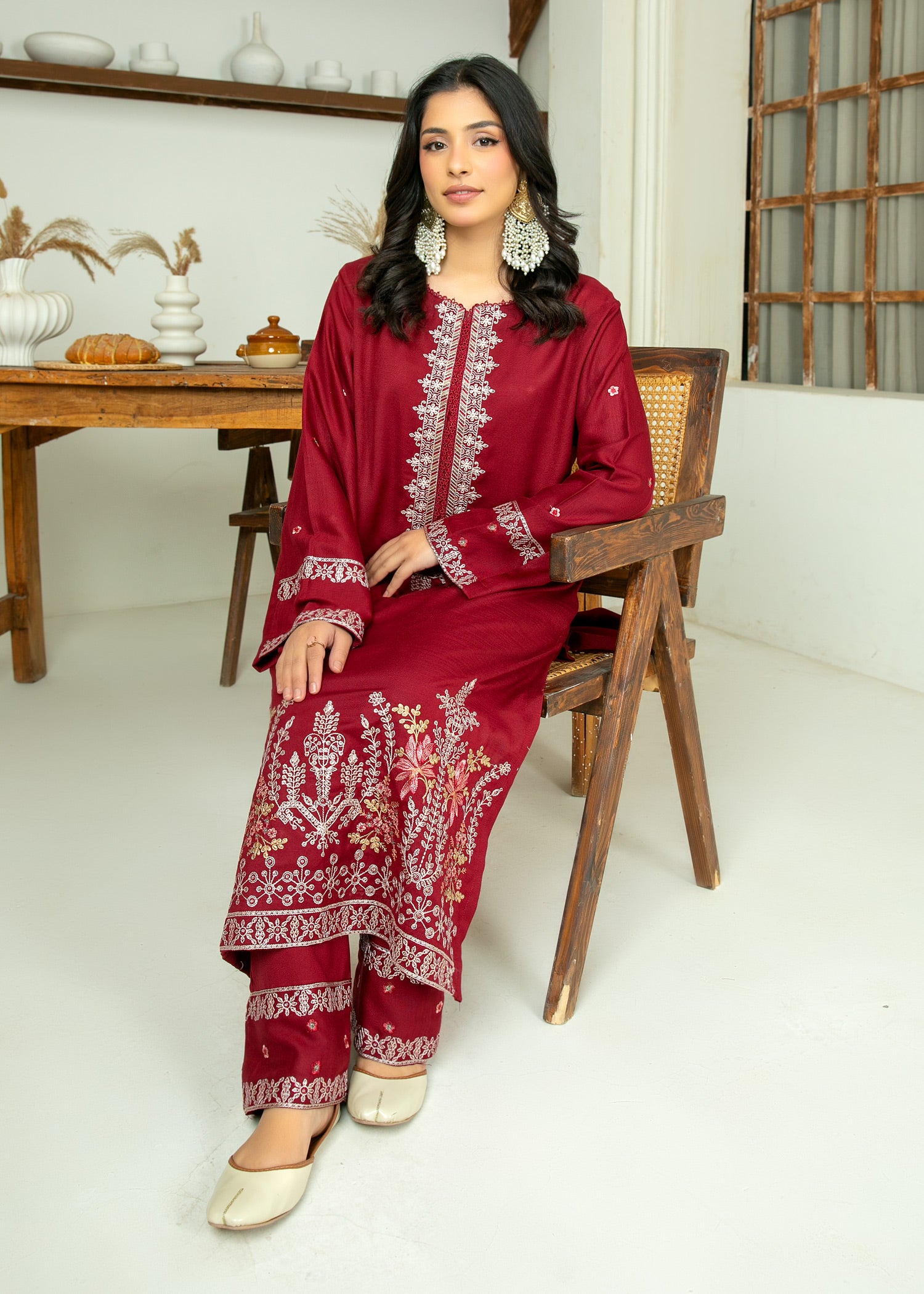 peach wool Kurta Set in Maroon