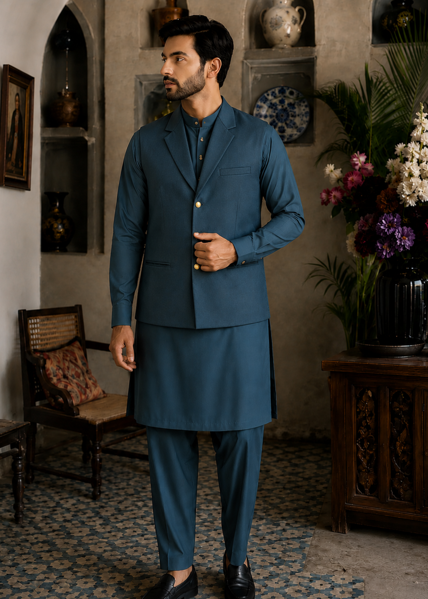 textured wash & wear Waistcoat in Teal