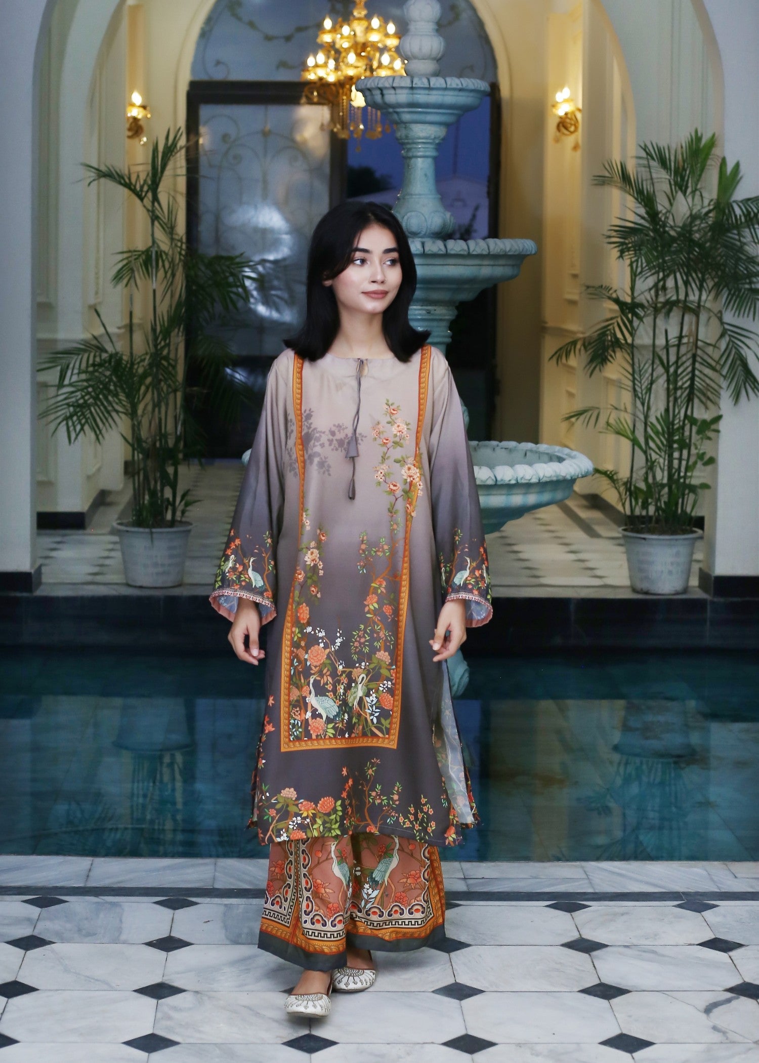 poly lawn Kurta Set in Multi, grey