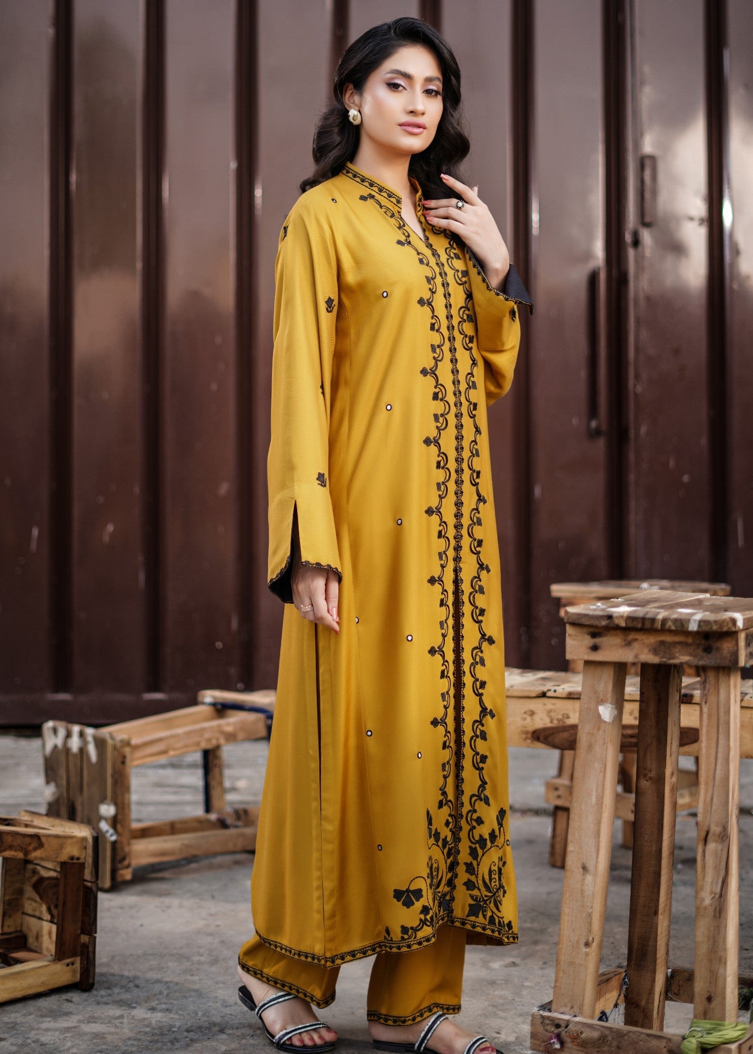 twill cotton Kurta Set in Mustard