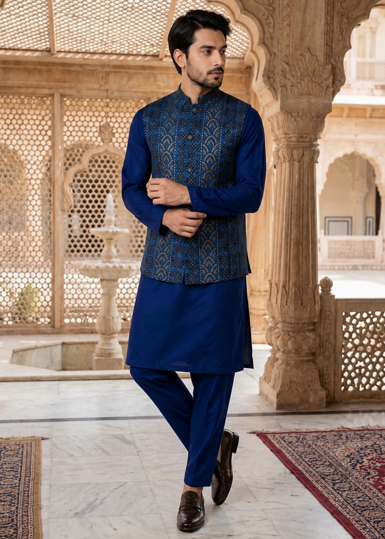 jamawar Waistcoat in Midnight blue