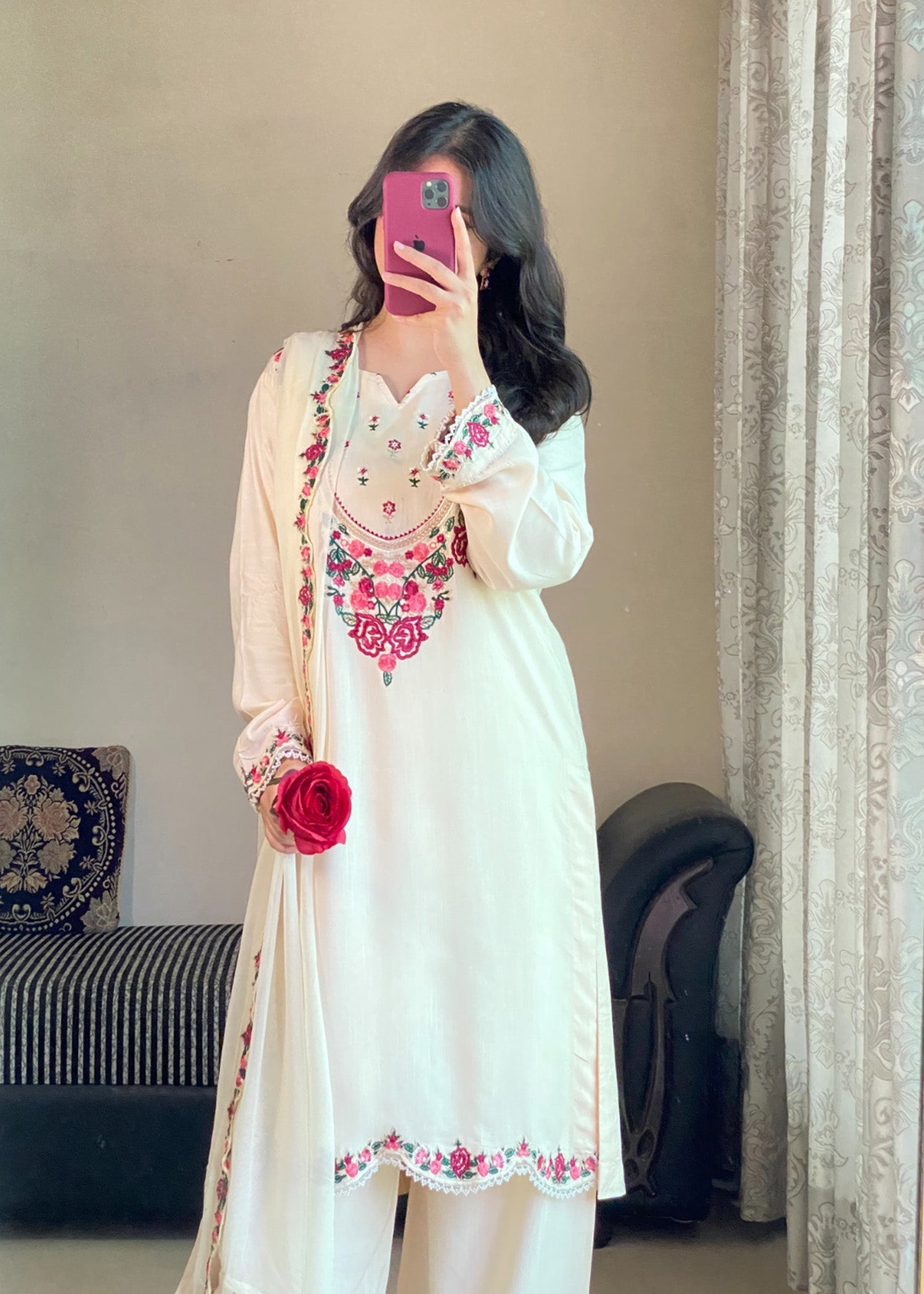 viscose raw silk Kurta Set in Off-white, cream